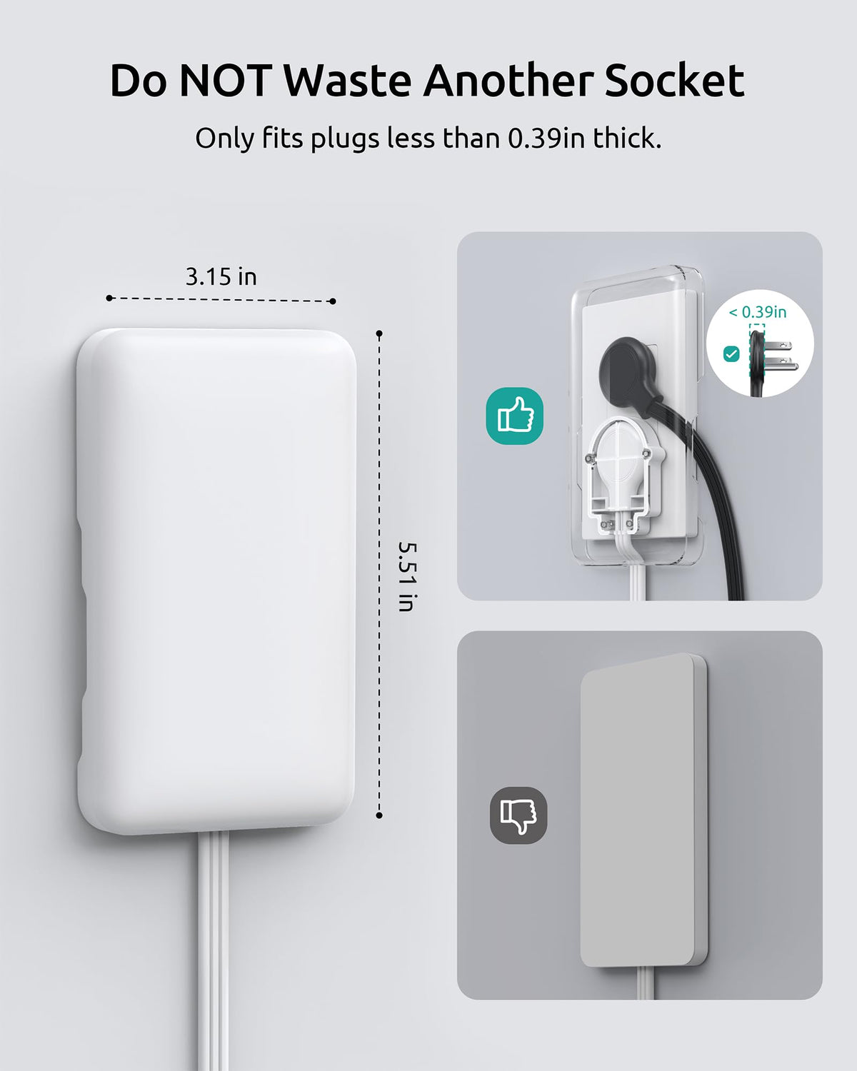 3FT Flat Extension Cord with Outlet Cover