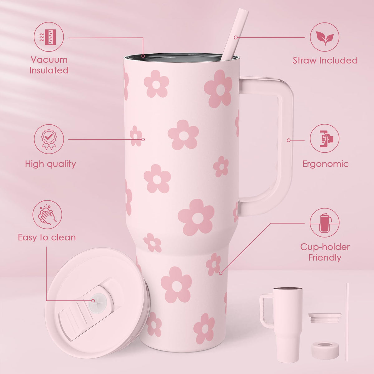 Floral Tumbler with Handle and Straw 40oz Stainless Sleel Slider Tumbler Travel Coffee Mug for Women