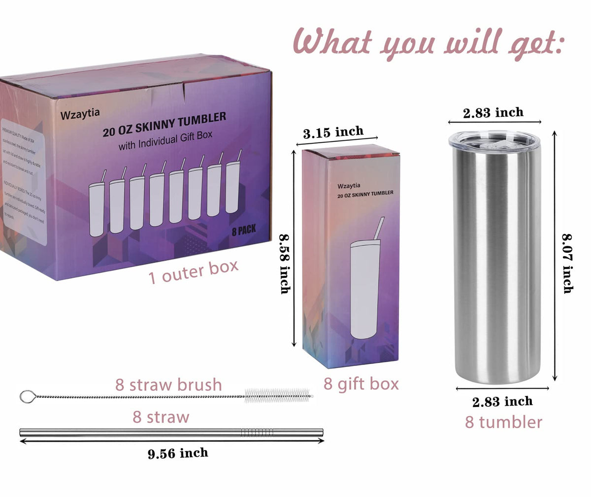 8 Pack 20 Oz Straight Skinny Tumblers (8 Count)