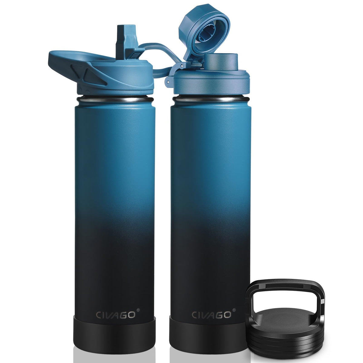 24 oz Insulated Stainless Steel Water Bottle With Straw and 3 Lids