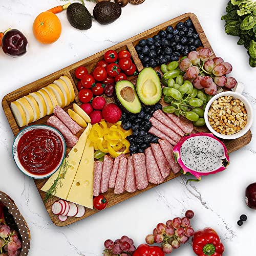Large Acacia Wood Cutting Board for Kitchen 17x12x1.5 with 3 Compartments