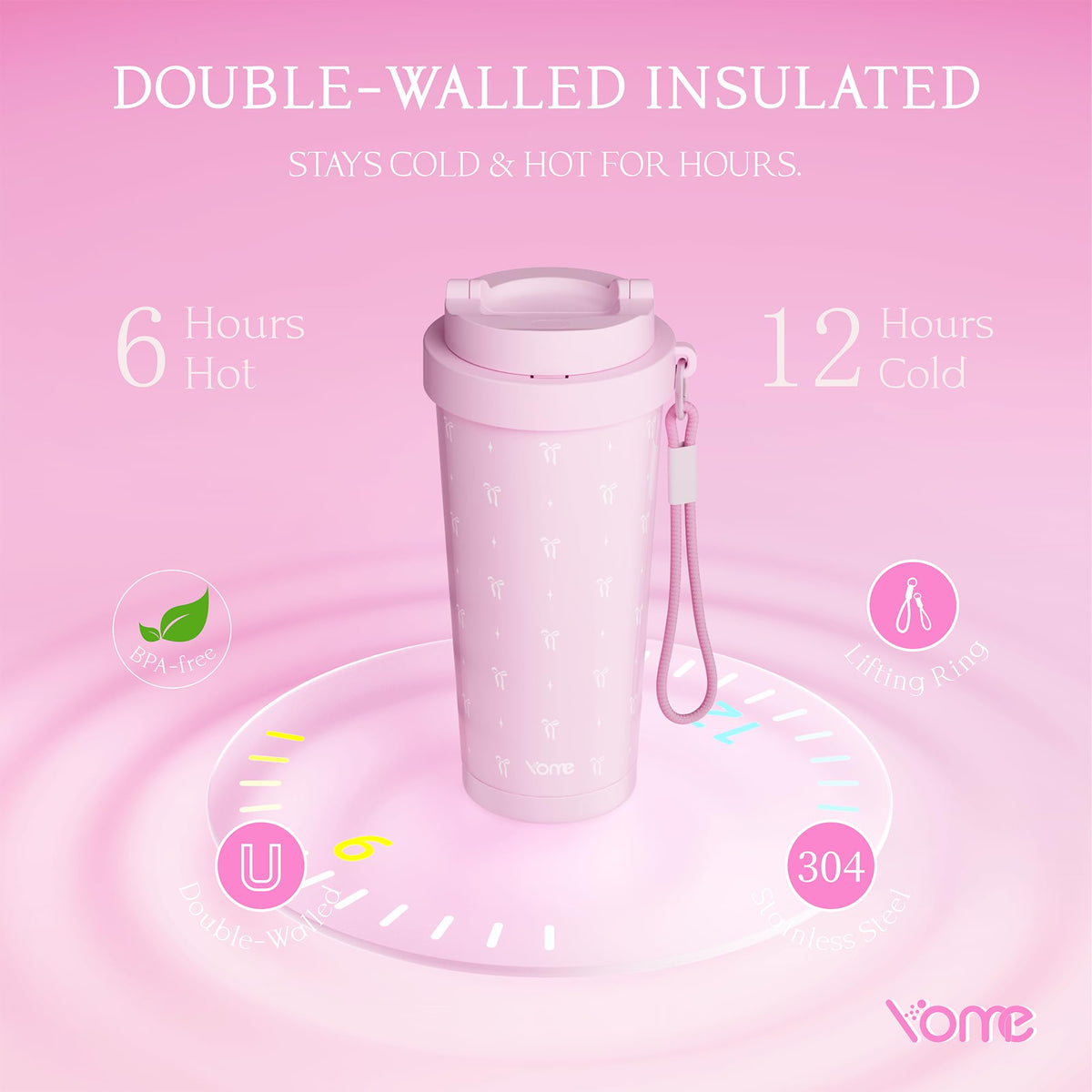 17oz Elegant Bow Pink Ceramic Lined Insulated Coffee Mug with Infuser for Women