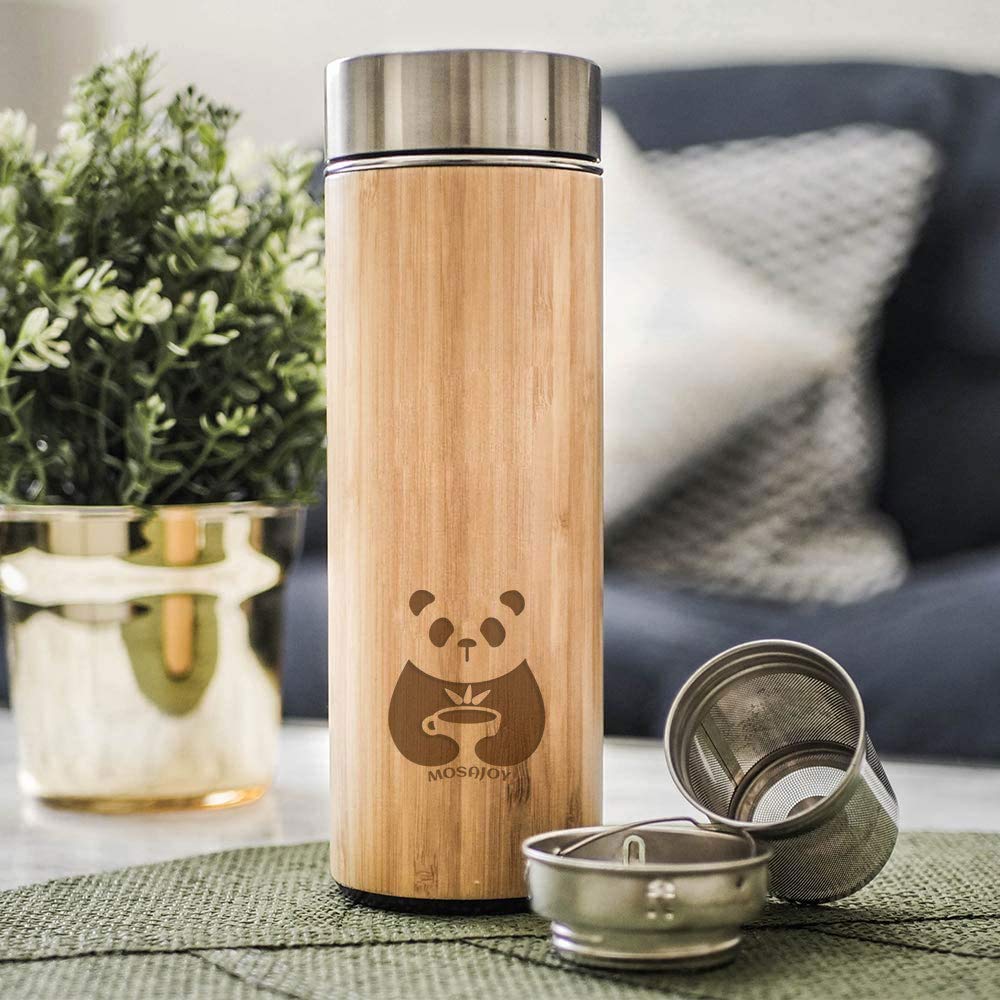 Tea Bottle Bamboo Tumbler with Infuser BPA Free Double Wall Glass Travel Tea Mug with Stainless Steel Filter