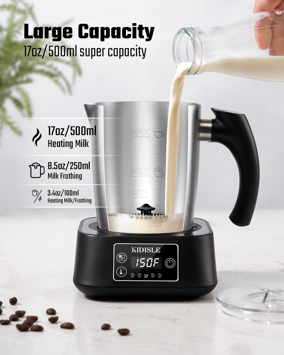 5-in-1 Milk Frother and Steamer, 17oz Detachable Stainless Steel Jug, 4 Adjustable Temperatures 130°F-160°F, Hot & Cold Foam Maker, Hot Chocolate Maker, Dishwasher Safe