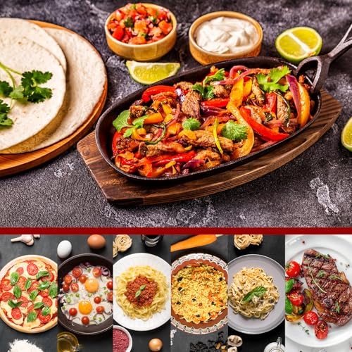 12 Pcs Oval Cast Iron Fajita Skillet Pan Set Small Sizzling Steak Plate with Wooden Base and Handle Cast Iron Fajita Skillet Sizzling Plate for Home Resturant (12 Count)