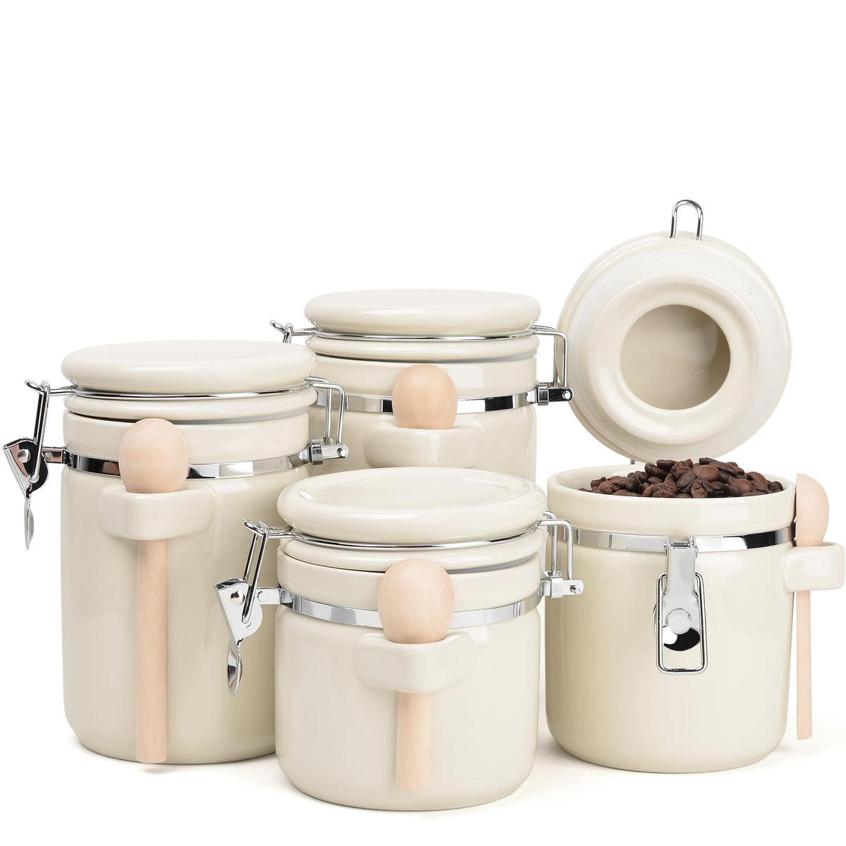 4 Piece Airtight Ceramic Canister Set With Attached Wooden Spoon Reusable Chalk Labels For Dry Goods Sugar Coffee Tea Kitchen Storage Use (4 Count)