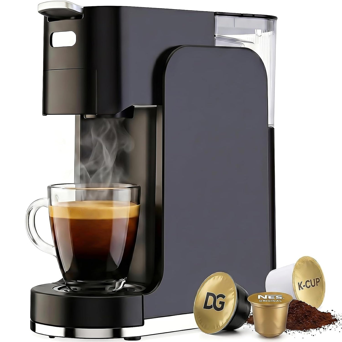 All-in-1 Single Serve Coffee Machine, Hot and Iced Coffee Maker for Ground Coffee, K-Cup Pod, NES Original and DG Pod, 20 Bar Espresso Coffee Maker, Customizable Brew Volume, Heats up in 3 seconds
