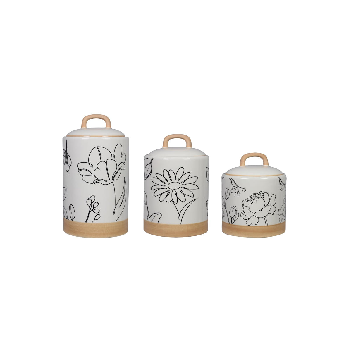 Ceramic Kitchen Canister Set of 3 with Floral Line Art (3 Count)