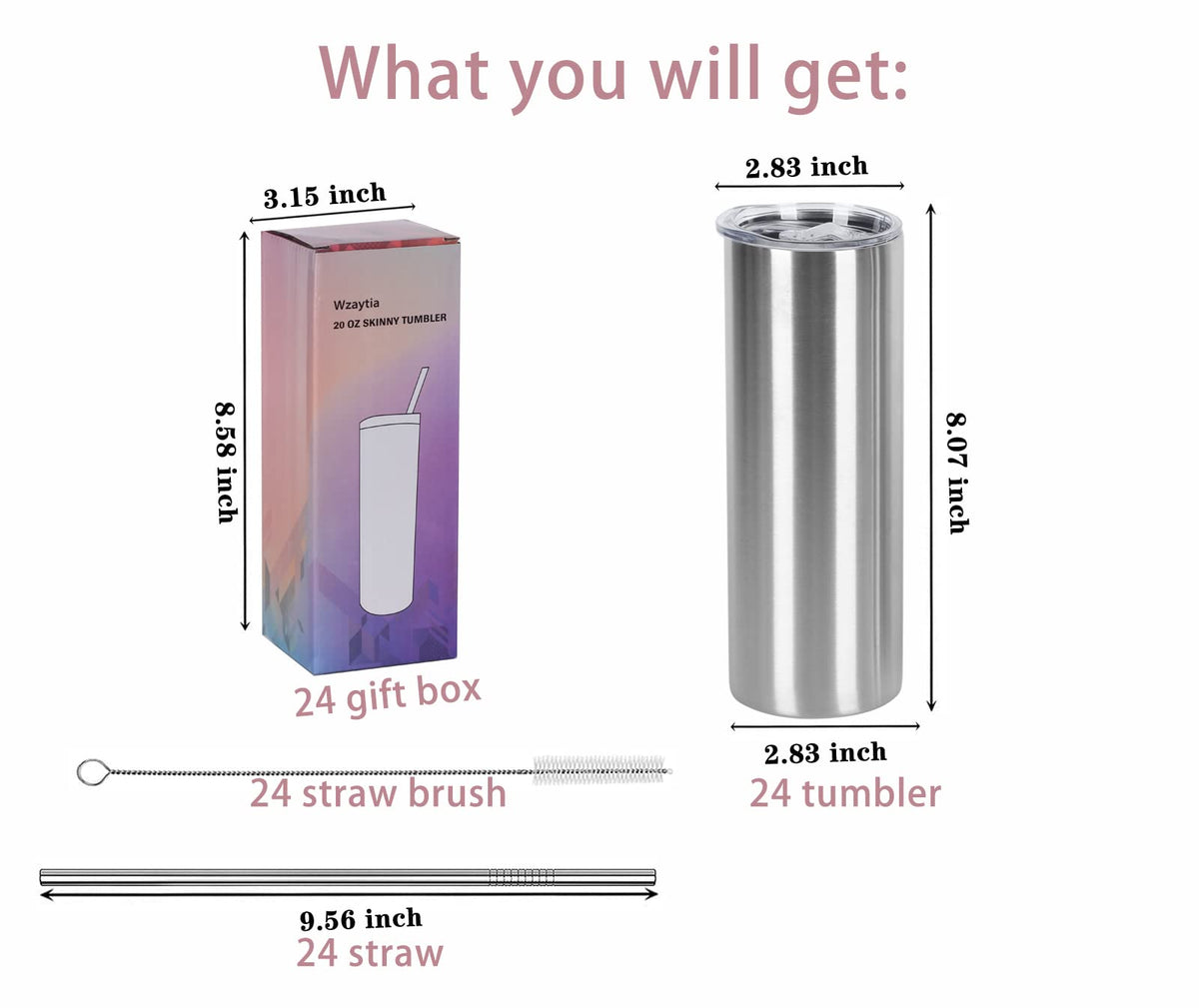 24 Pack 20 Oz Stainless Steel Straight Tumblers (7 Count)