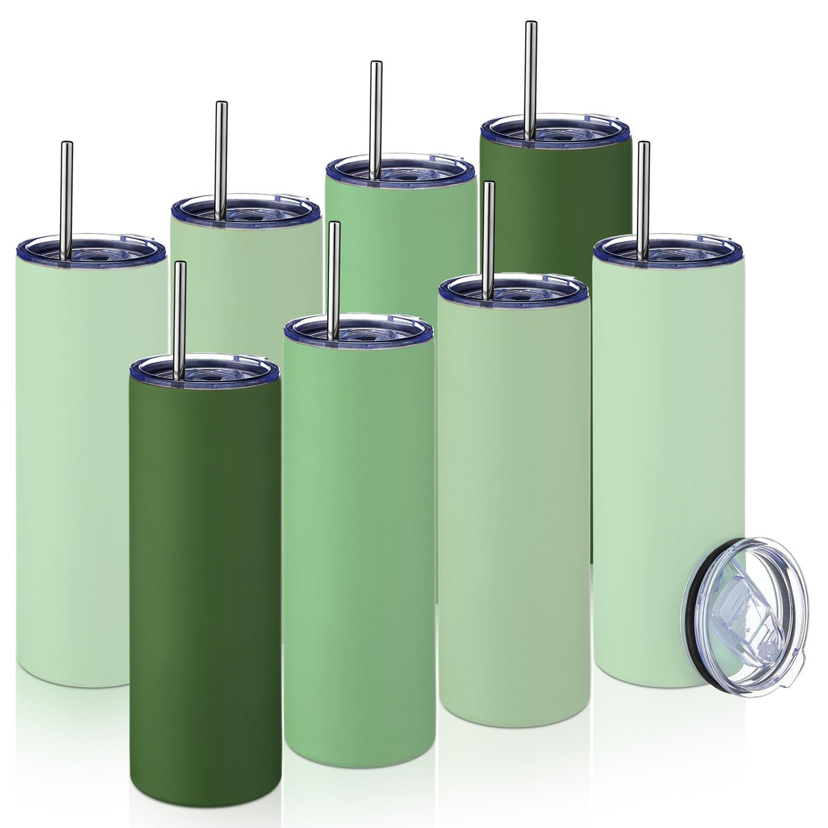 8 Pcs Sage Green Tumbler 20oz Travel Coffee Mugs with Lid and Straw Insulated Stainless Steel Tumblers Double Wall Vacuum Skinny Water Bottle for Coffee Beverage Hot & Iced Drinks (8 Count)