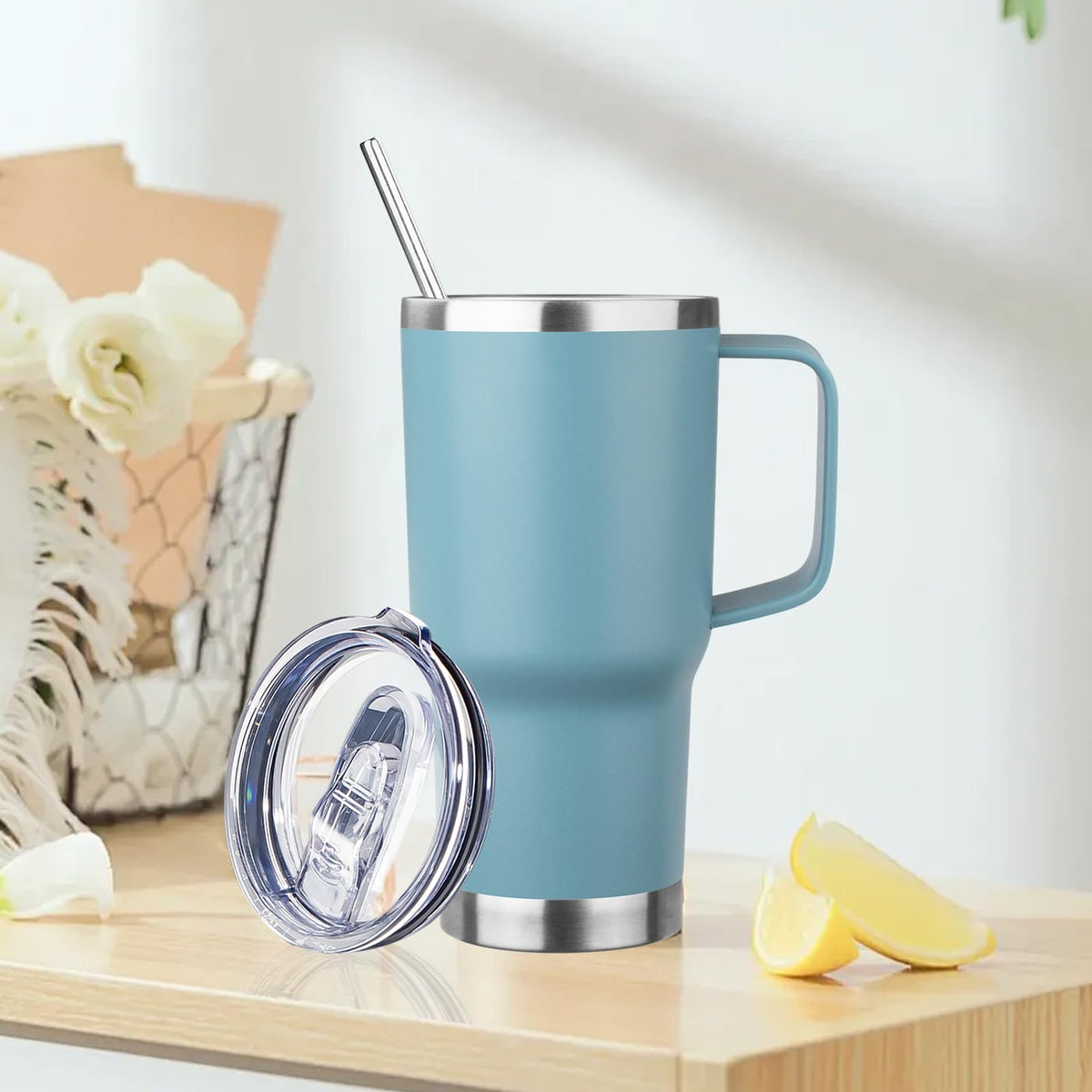 20oz Insulated Tumbler with Handle Stainless Steel Travel Coffee Mug with Lid and Straw Double Wall Vacuum Leak