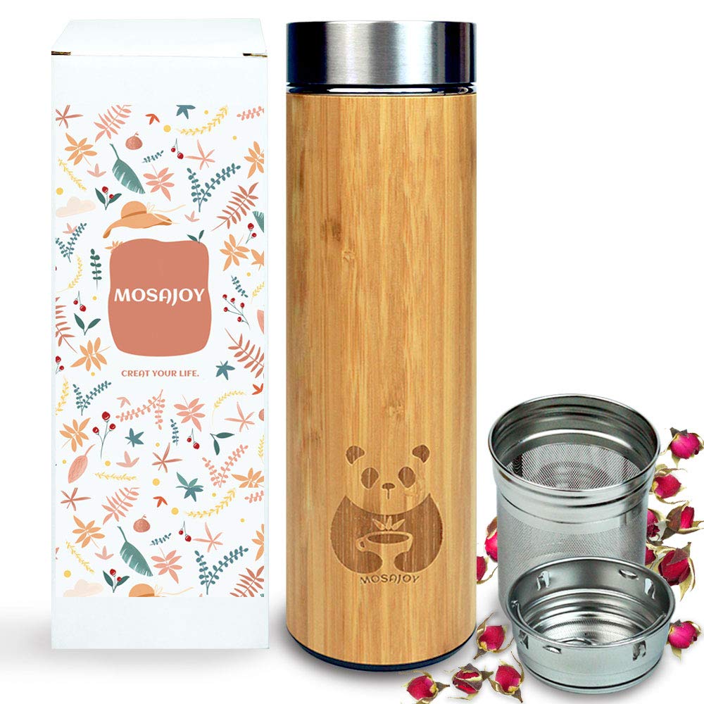 Tea Bottle Bamboo Tumbler with Infuser BPA Free Double Wall Glass Travel Tea Mug with Stainless Steel Filter
