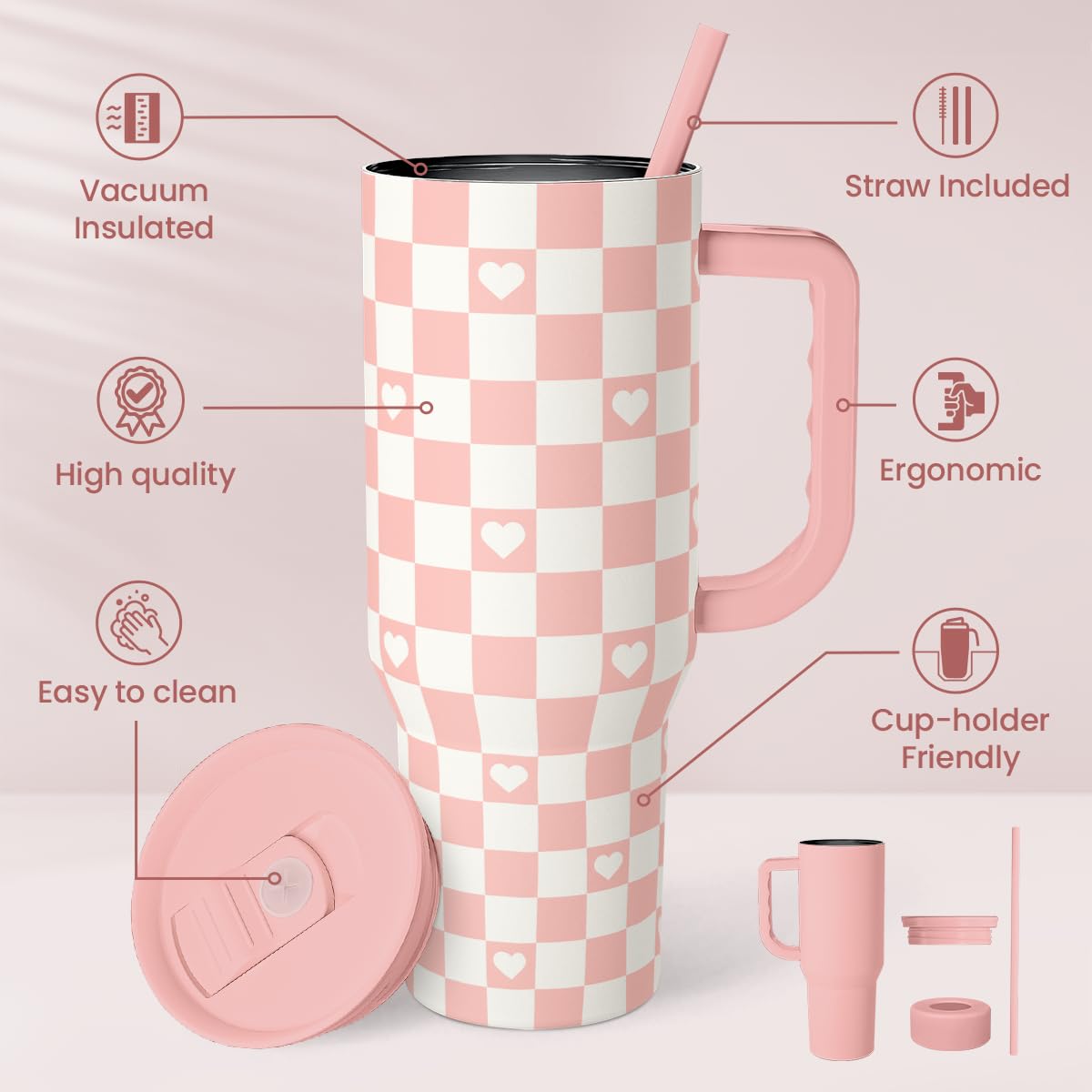 40oz Checkered and Heart Tumbler with Handle and Straw