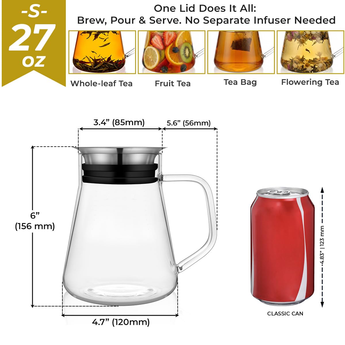 27oz Glass Teapot with Filter Lid (27 Count)