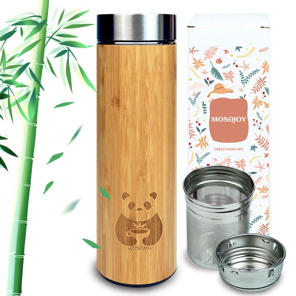 Tea Bottle Bamboo Tumbler with Infuser BPA Free Double Wall Glass Travel Tea Mug with Stainless Steel Filter