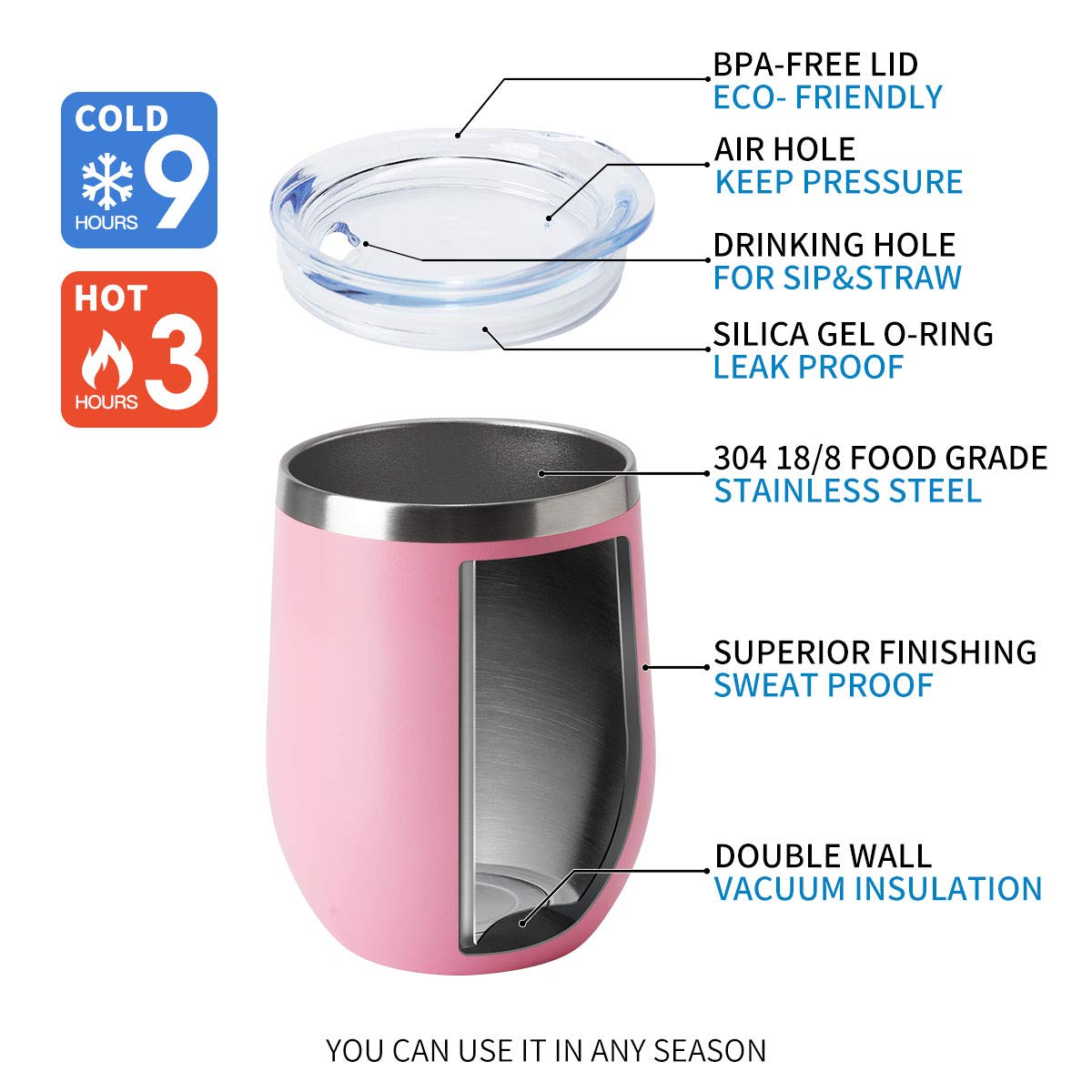 12oz Wine Tumbler with Lid Stemless Wine Glasses Double Wall Vacuum Travel Mugs stainless steel Coffee Cup for Cold & Hot Drinks Wine Coffee Cocktails Beer 6 Pack Pink (6 Count)