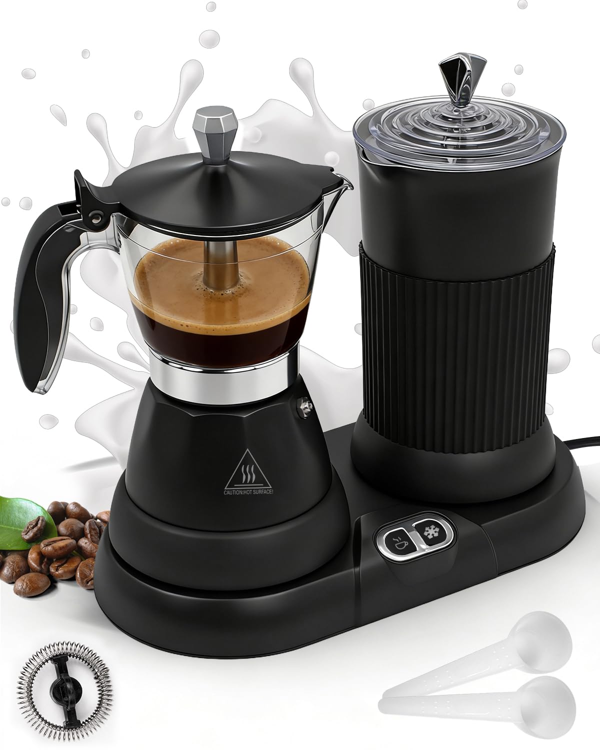 2-in-1 Milk Frother Electric Foam Maker and Moka Coffee Maker Espresso Maker 110V Electric Base Aluminum Frother Moka Pot 5oz 150ml Frothing Easy Brewing Latte Cappuccino Home Gift Black