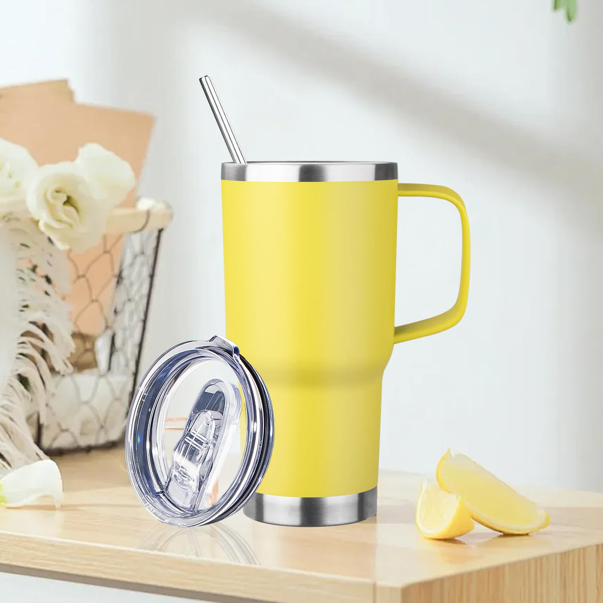 20oz Insulated Tumbler with Handle Stainless Steel Travel Coffee Mug with Lid and Straw Double Wall Vacuum Leak