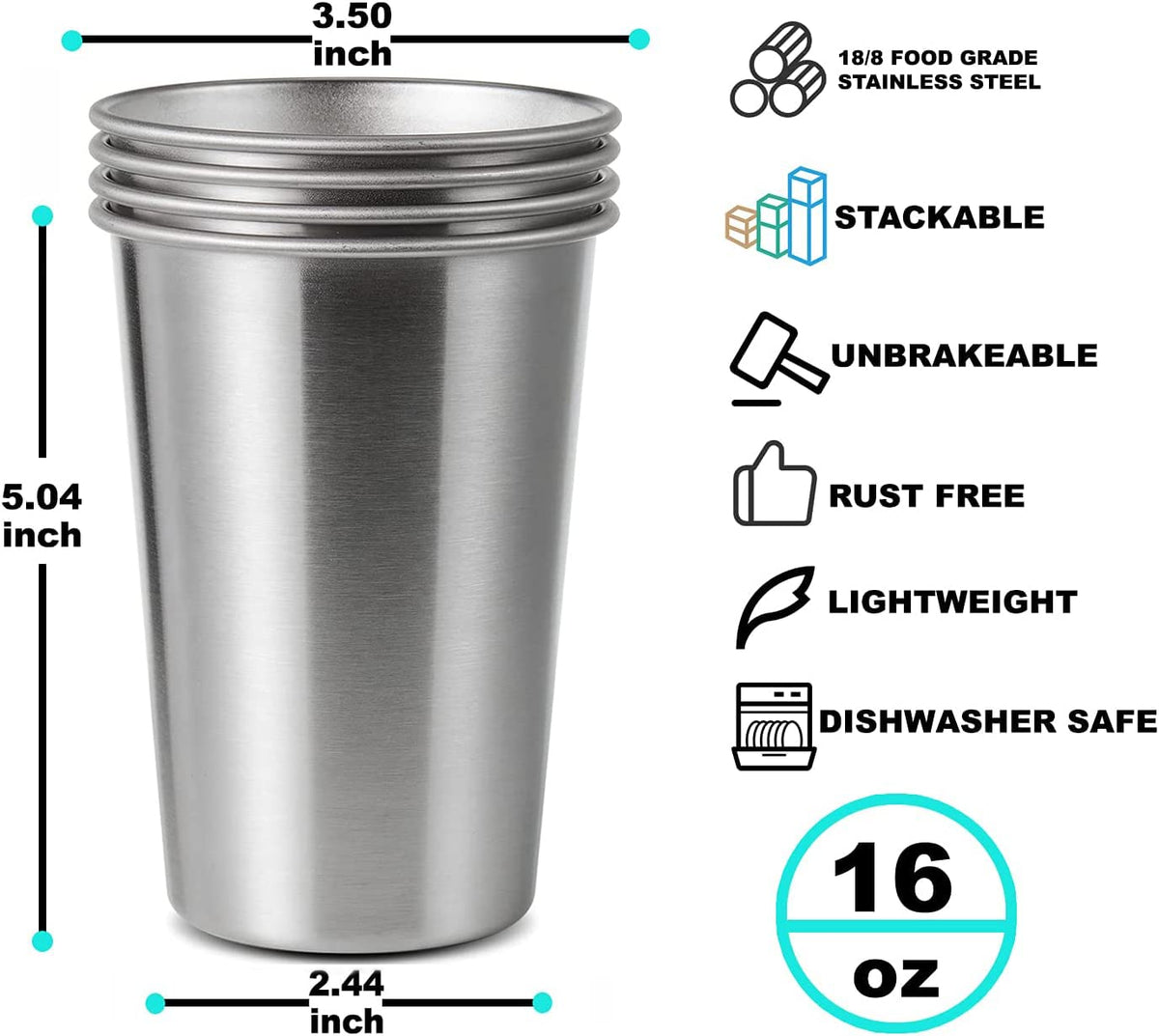 12 Pack 16oz Stainless Steel Pint Cup (12 Count)