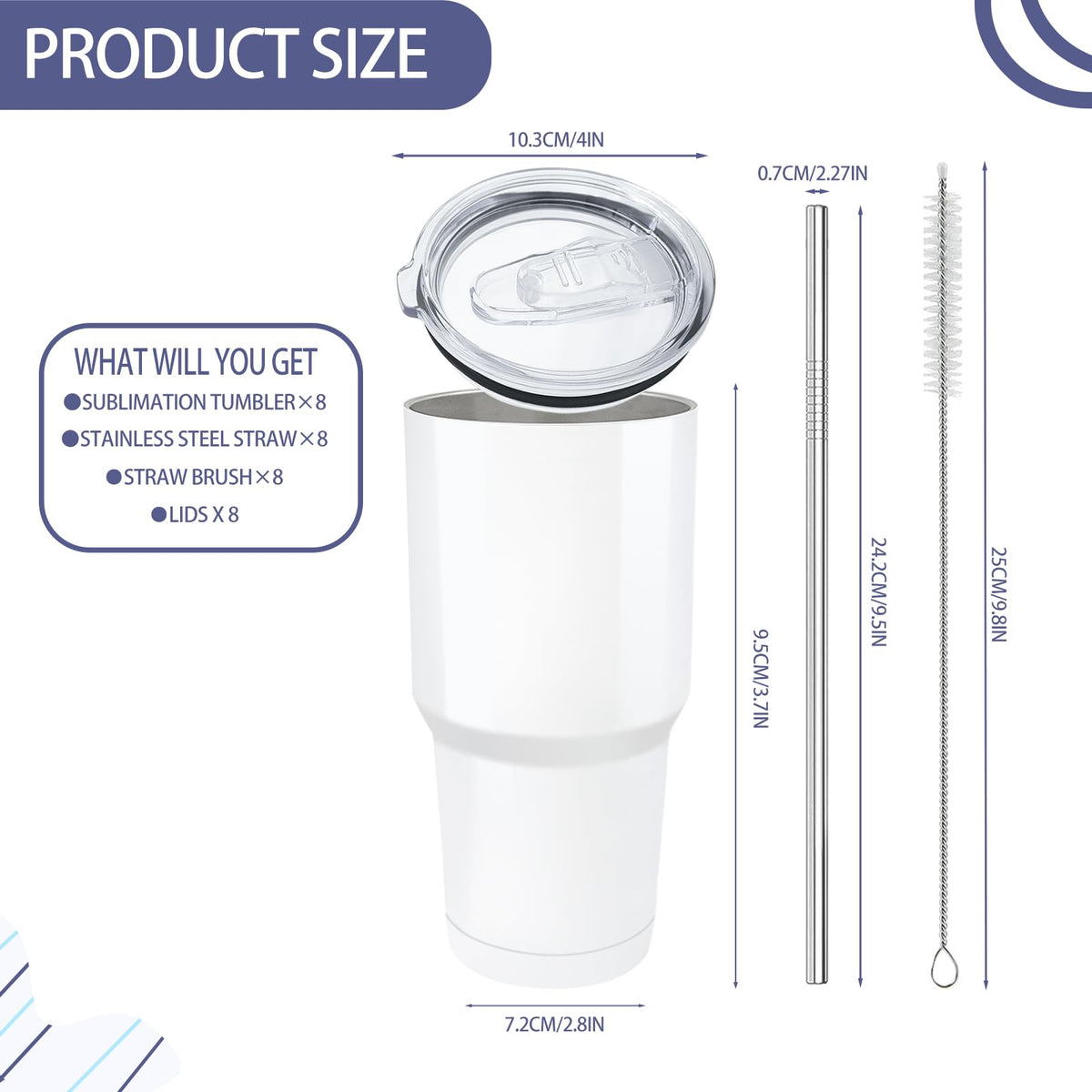 8 Pack Sublimation Tumbler Blank White Bulk Stainless Steel Double Wall Vacuum Insulated Coffee Travel Tumbler Car Cups with Straws (30 Count)