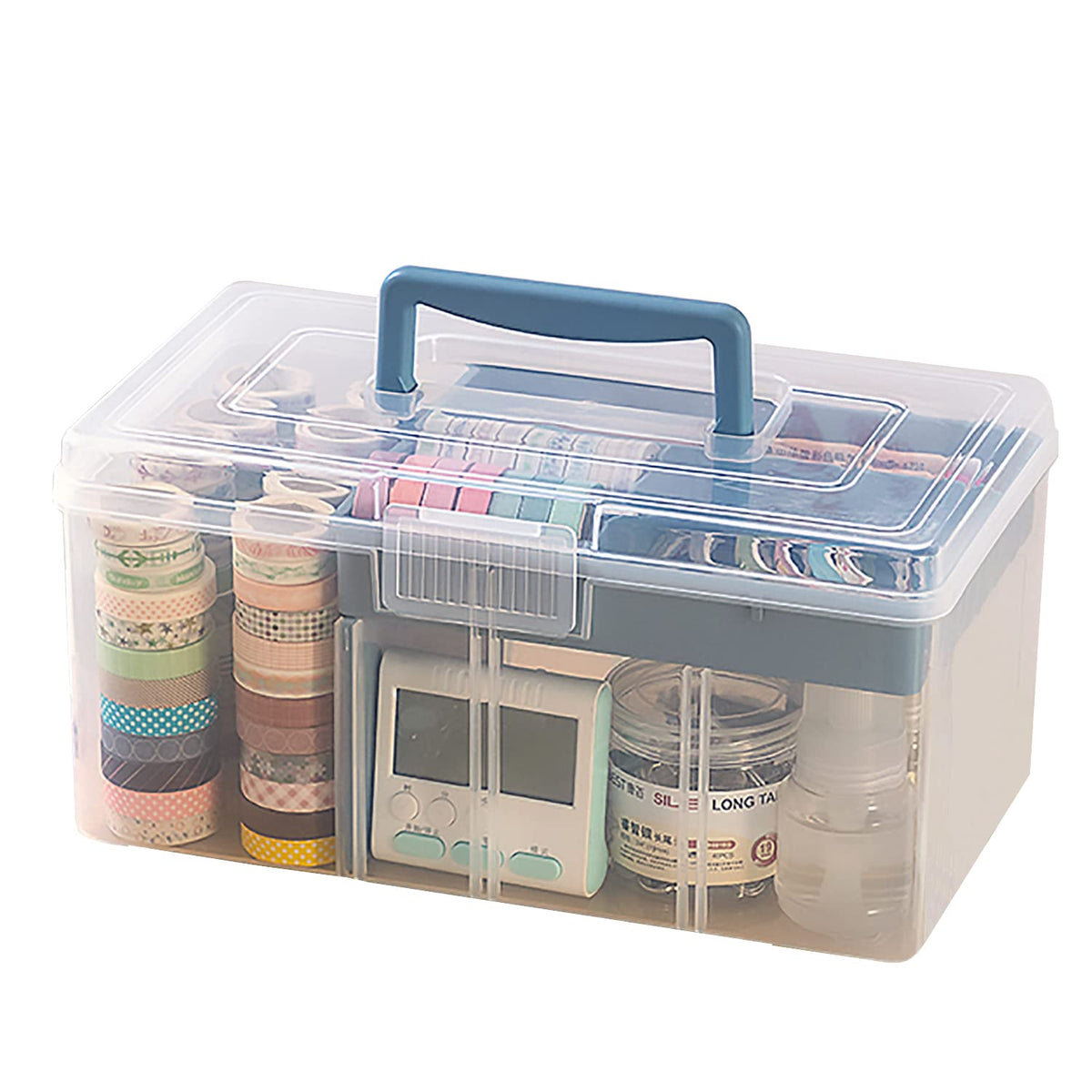 Clear Plastic Arts & Craft Supplies Organizer Box Large with a Removable Tray & A Partition & Handle
