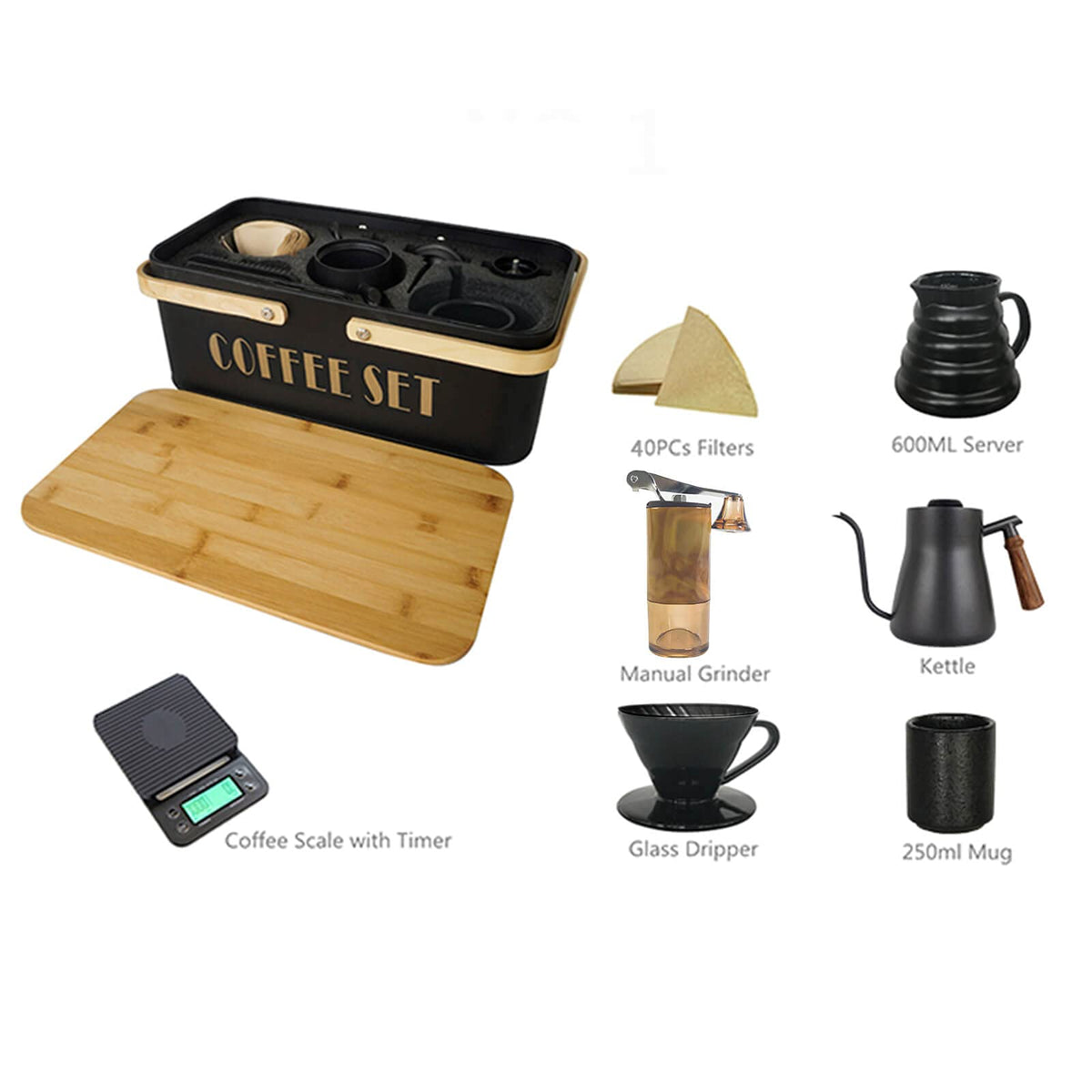 Pour Over Coffee Maker Set Coffee Kettle Scale Ceramic Server Ceramic Dripping Cup Bean Grinder Filter Paper Ceramic Cup ALL in 1 Portable Metal Box for Traveling (5 Count)