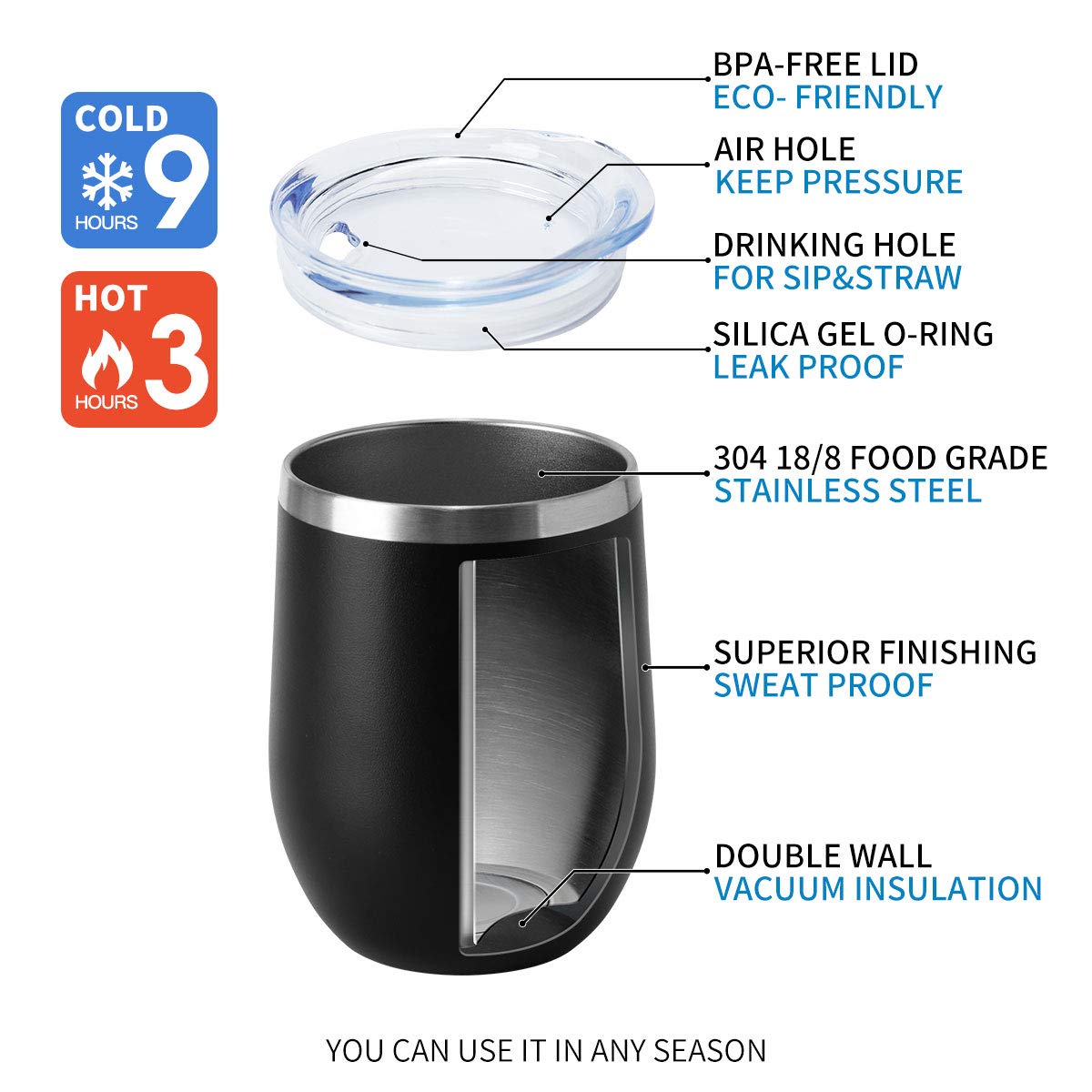 12oz Wine Tumbler with Lid Stemless Wine Glasses Double Wall Vacuum Travel Mugs stainless steel Coffee Cup for Cold & Hot Drinks Wine Coffee Cocktails Beer 6 Pack Black (6 Count)