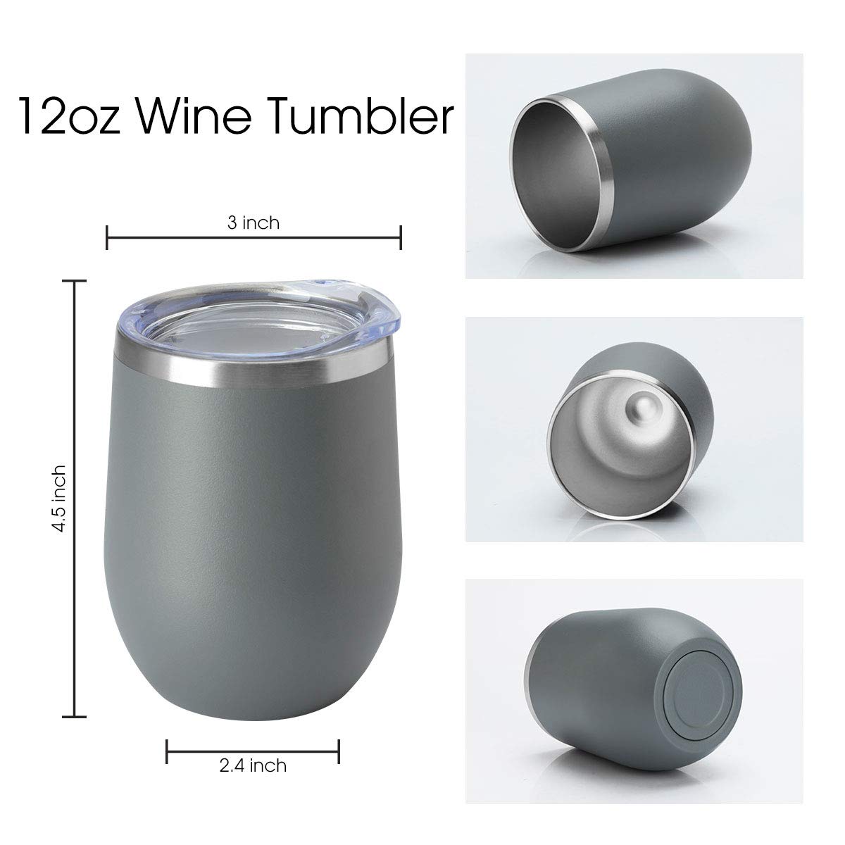 12oz Wine Tumbler with Lid Stemless Wine Glasses Double Wall Vacuum Travel Mugs stainless steel Coffee Cup for Cold & Hot Drinks Wine Coffee Cocktails Beer 12 Pack Grey (12 Count)