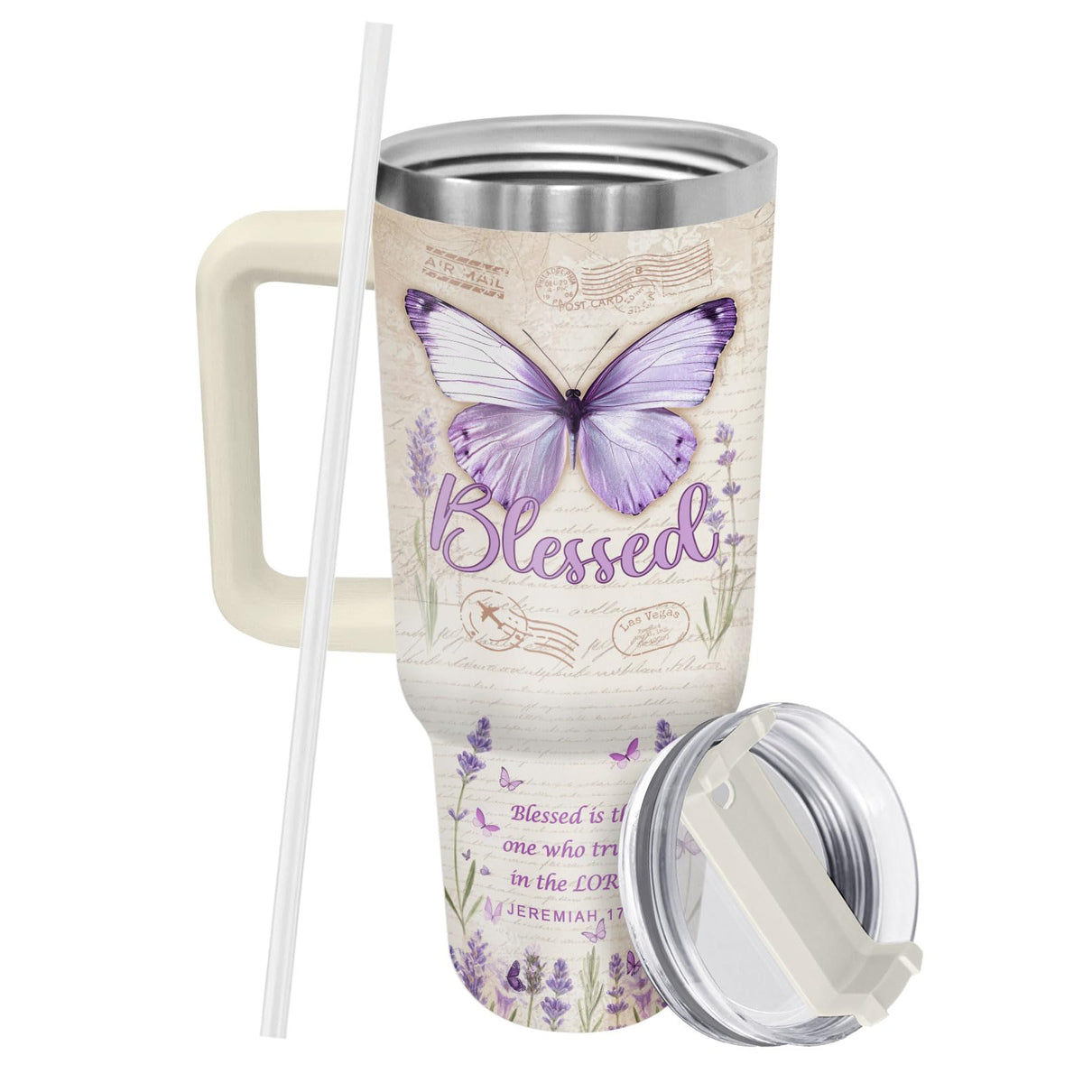 Purple Butterfly Chritian Bible 40 oz Tumbler with Handle