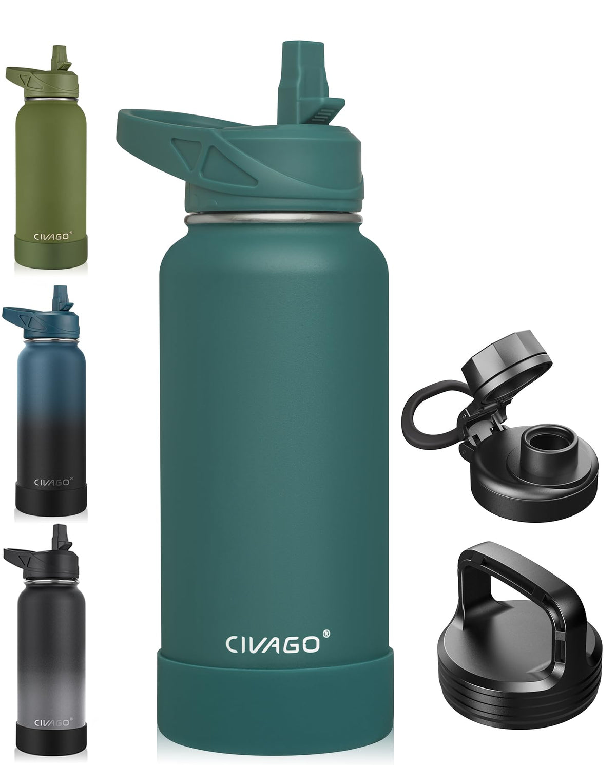 32 oz Insulated Stainless Steel Water Bottle With Straw and 3 Lids