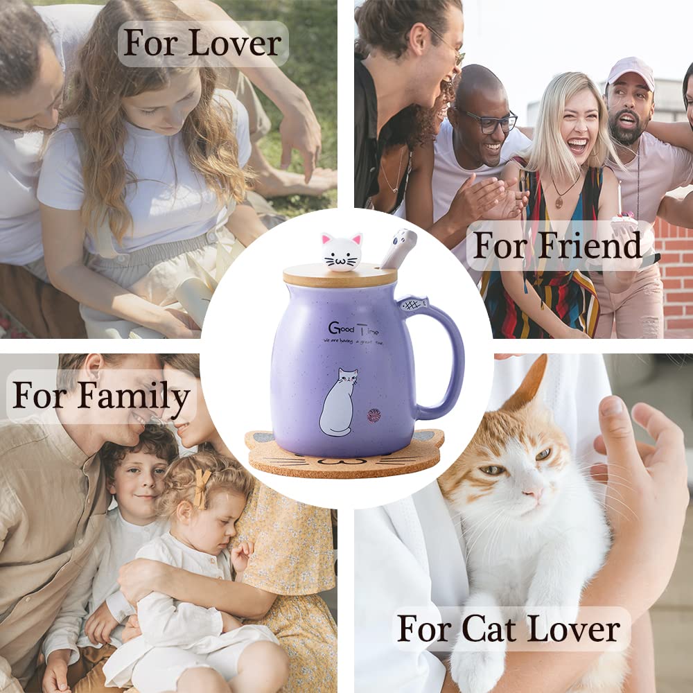 Cat Mug Kawaii Tea Cup with Infuser and Lid Purple Cat Ceramic Coffee Mug Cute Cool Preppy Stuff Birthday Gifts for Mom Gifts for Women Girlfriend Girls Cat Lover Gifts