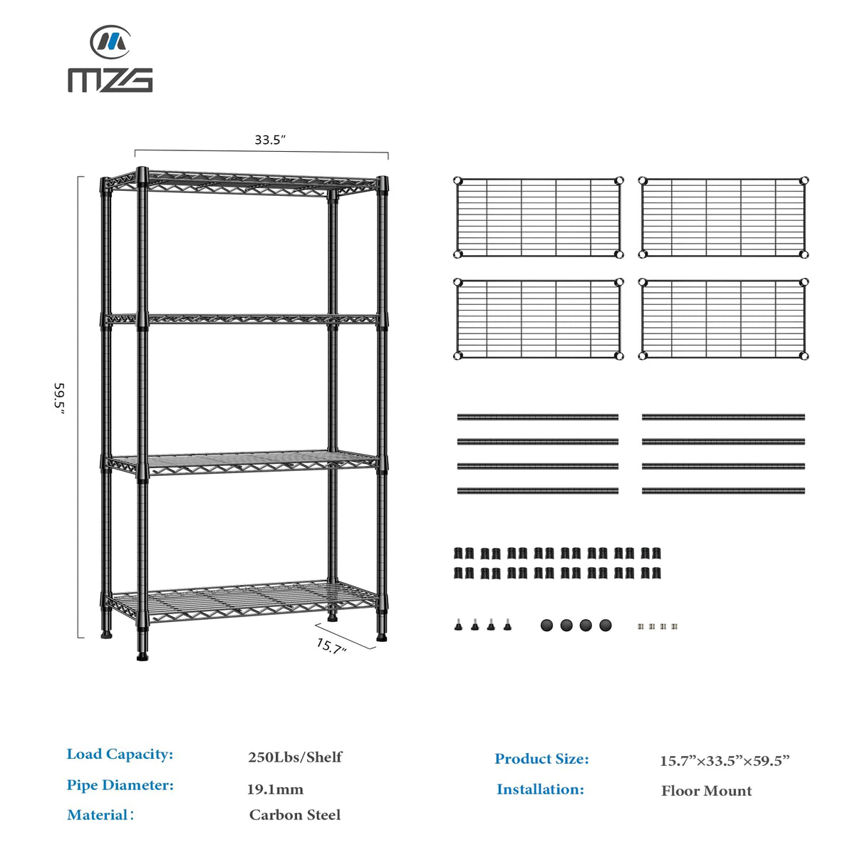 1000 lbs 4 Tier Shelf Metal Storage Shelves Shelving Wire Rack Heavy Duty Closet Organizers for Garage Kitchen Bathroom Laundry Black 15.7" D x 33.5" W x 59.5" H (4 Count)