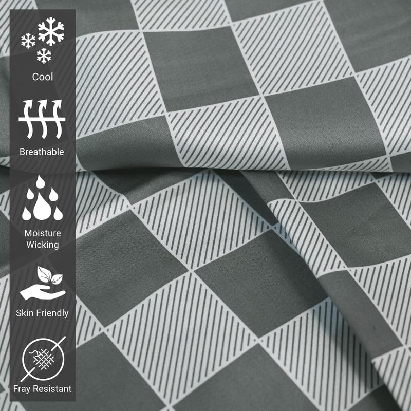 100% Cotton Smart Plaid Print Queen Duvet Cover Set 400TC Grey