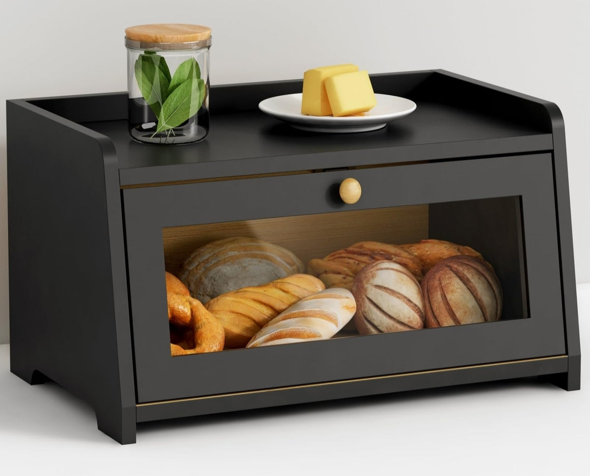 Black Bread Box for Kitchen Countertop