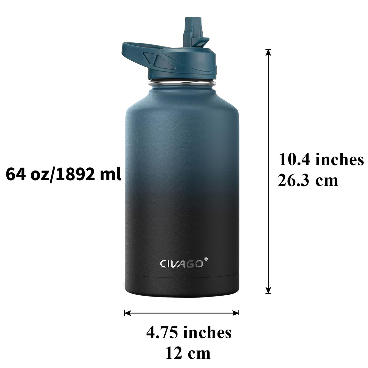 64 oz Insulated Stainless Steel Water Bottle With Straw and 3 Lids