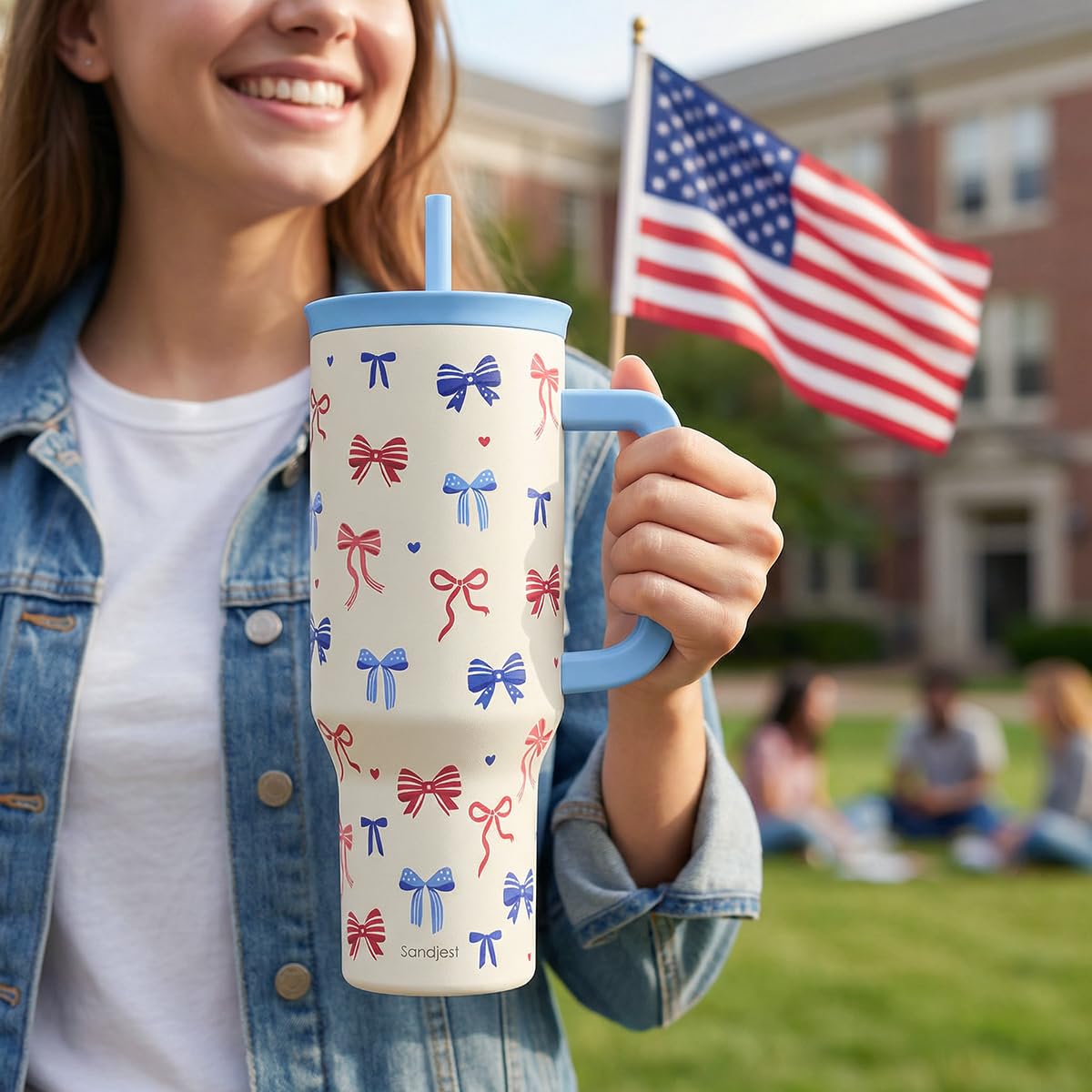 American Flag 40oz Tumbler with Handle and Straw