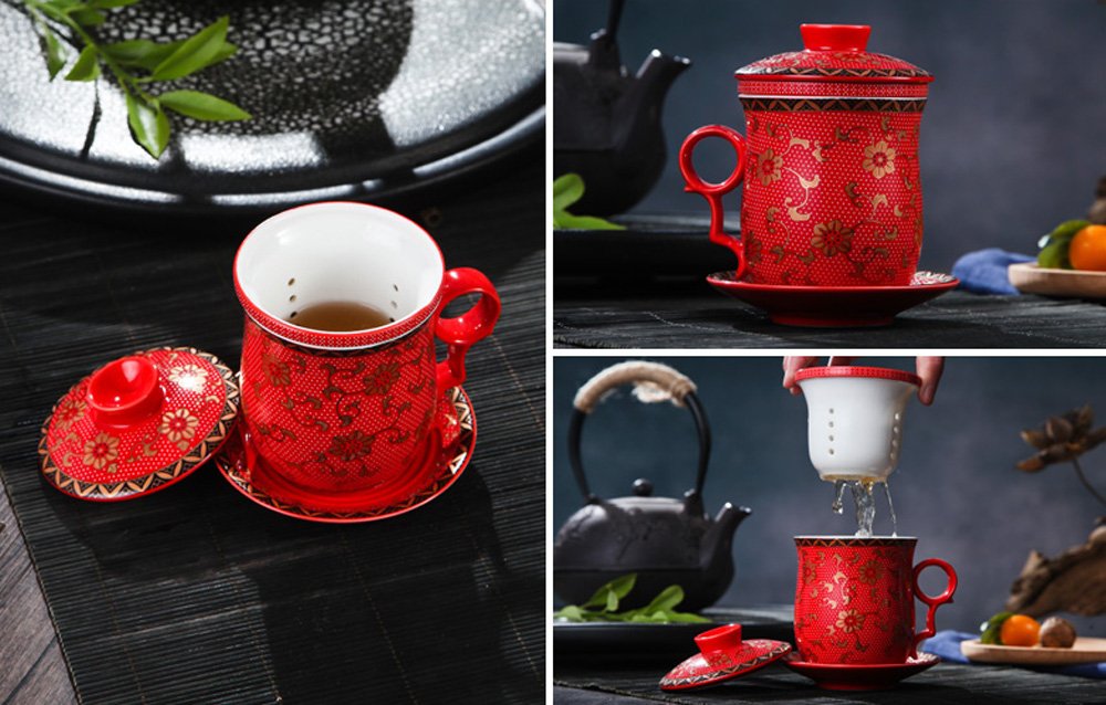 Porcelain Tea Cup with Lid and Saucer Infuser Sets