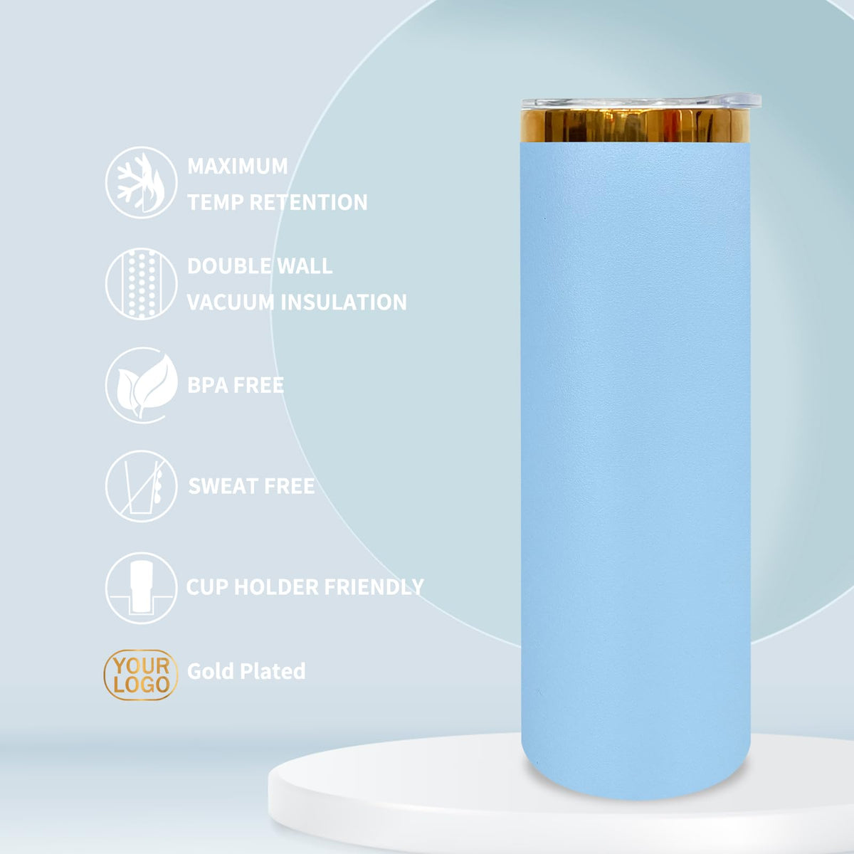 20 oz Skinny Tumblers Bulk With Lid and Straw Sky Blue (8 Count)