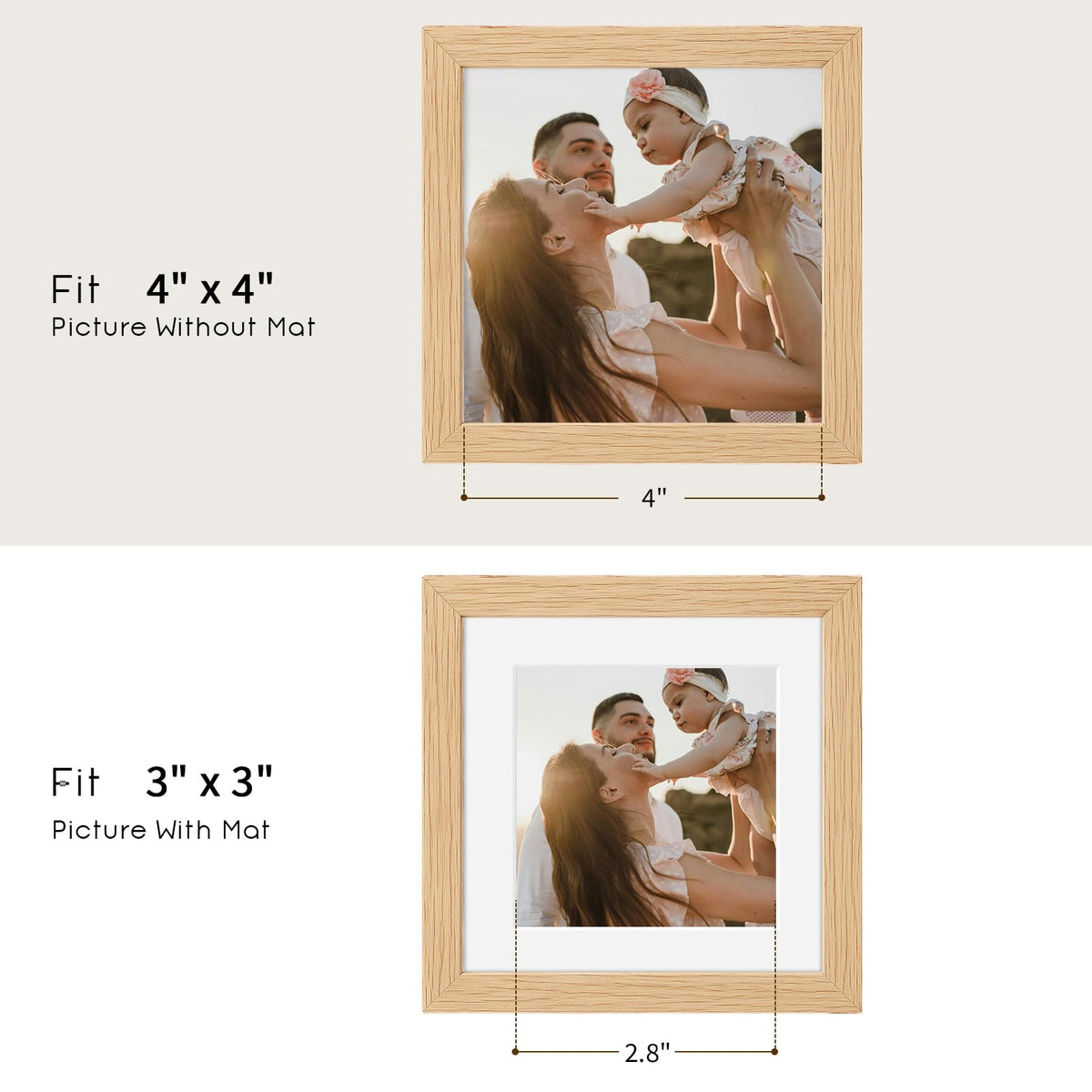 4x4 Solid Oak Wood Picture Frame with 3x3 Mat