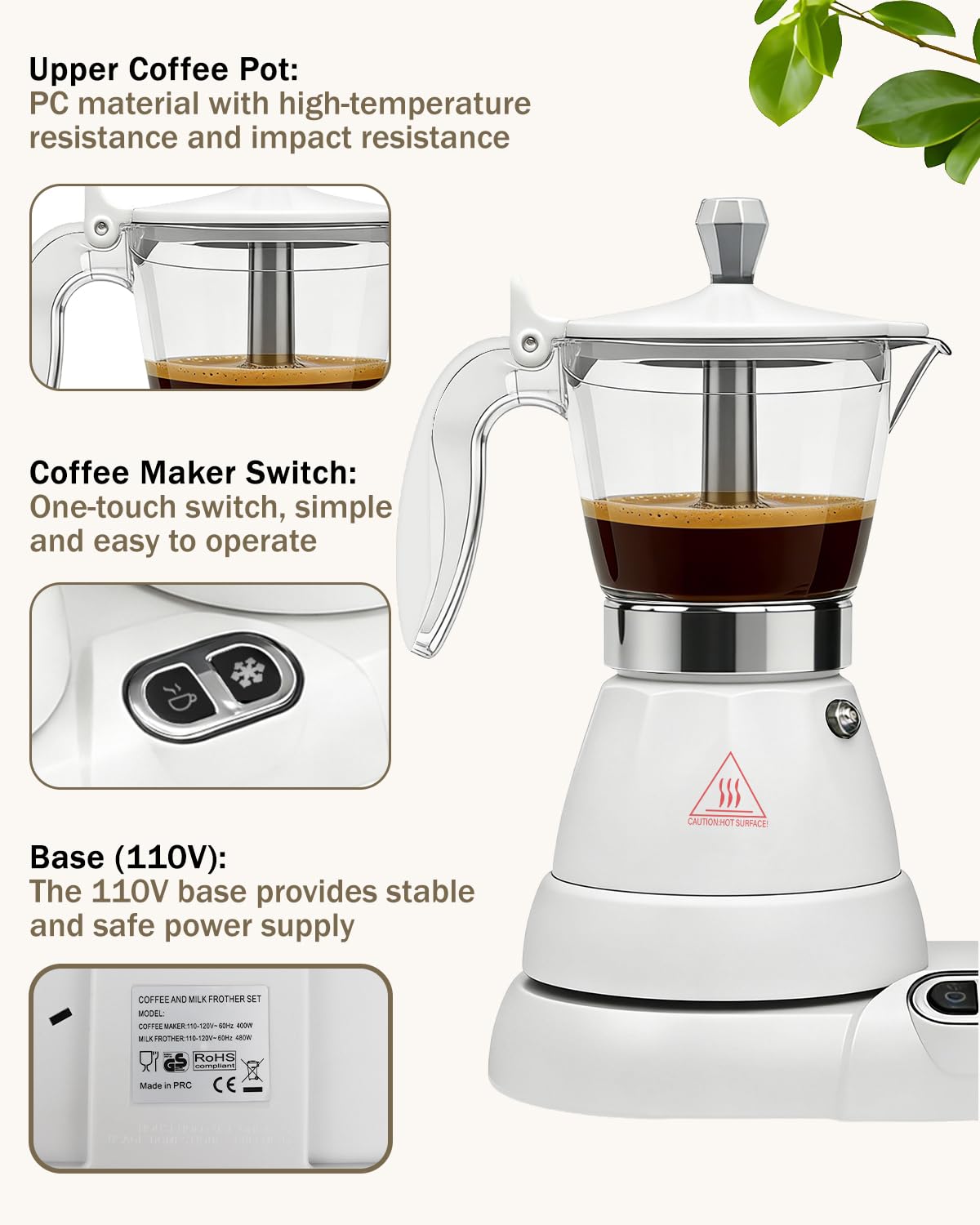 2-in-1 Milk Frother Electric Foam Maker and Moka Coffee Maker Espresso Maker 110V Electric Base Aluminum Frother Moka Pot 5oz 150ml Frothing Easy Brewing Latte Cappuccino Home Gift White