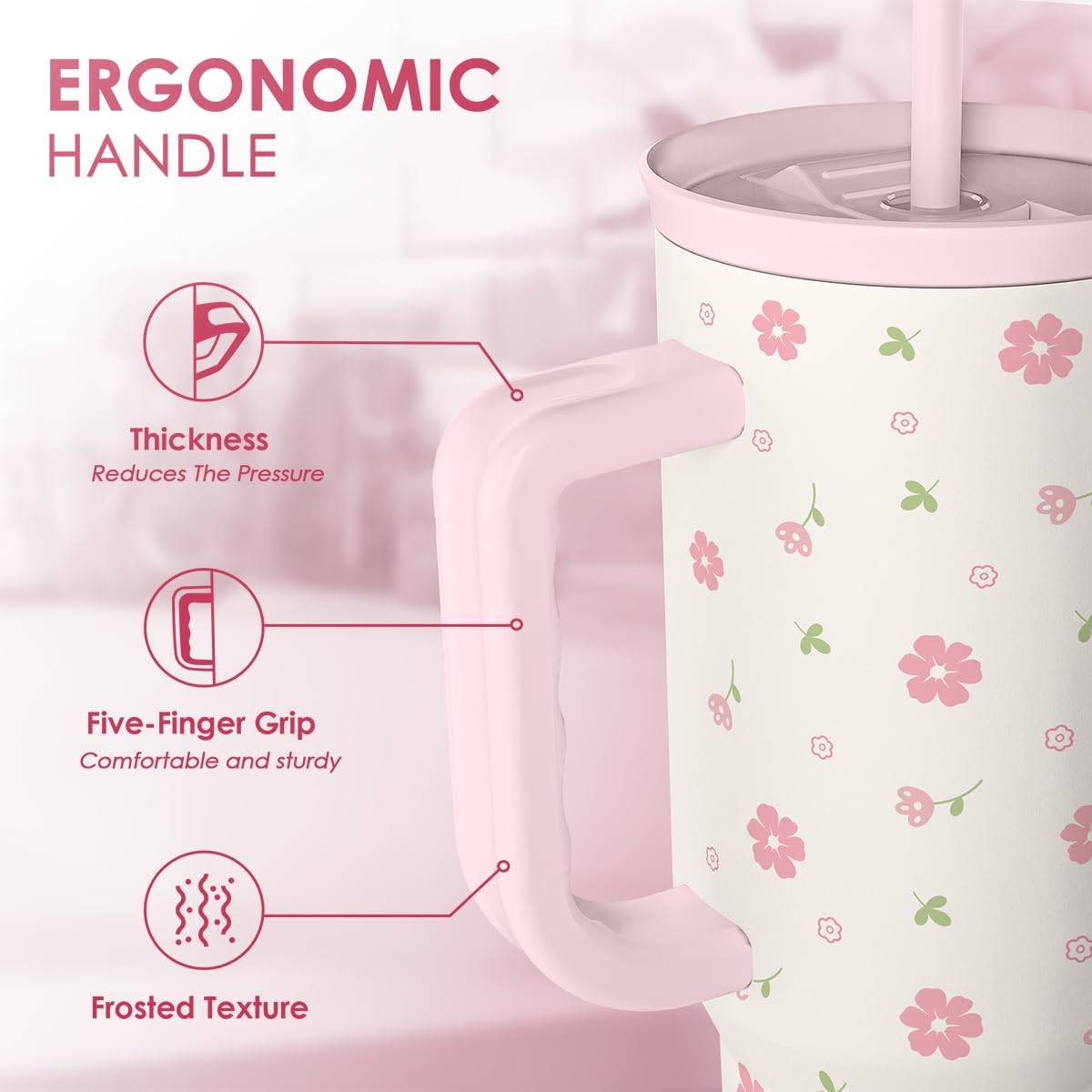 Floral 40oz Tumbler with Handle and Straw
