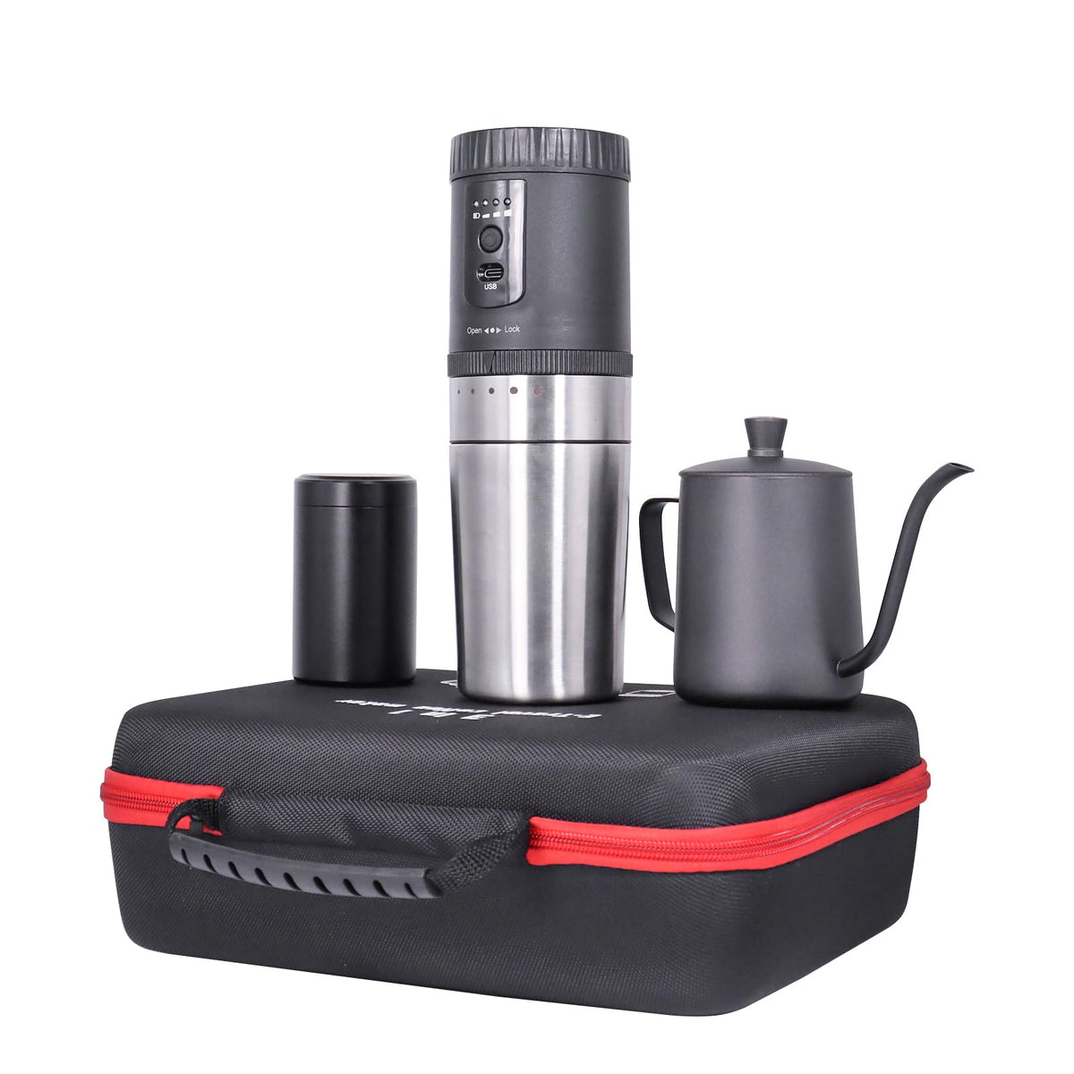 3 in 1 Portable Coffee Maker Set with Electric Burr Coffee Grinder Black Pour Over Kettle Coffee Bean Storage For Travel Hiking Picnic Camping
