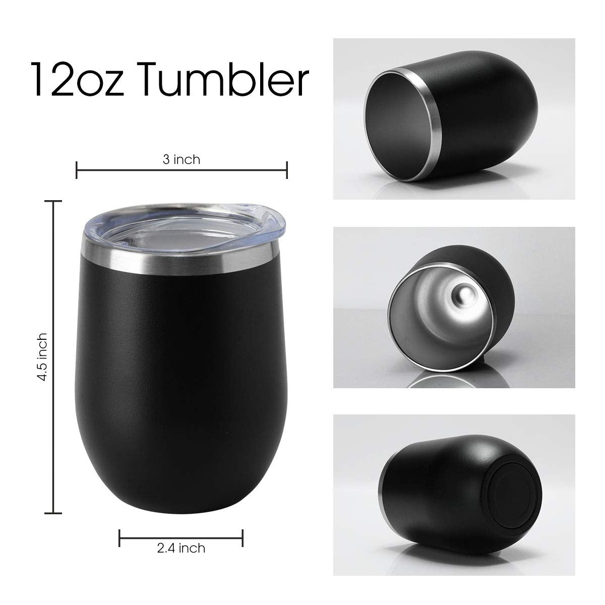 12oz Wine Tumbler with Lid Stemless Wine Glasses Double Wall Vacuum Travel Mugs stainless steel Coffee Cup for Cold & Hot Drinks Wine Coffee Cocktails Beer