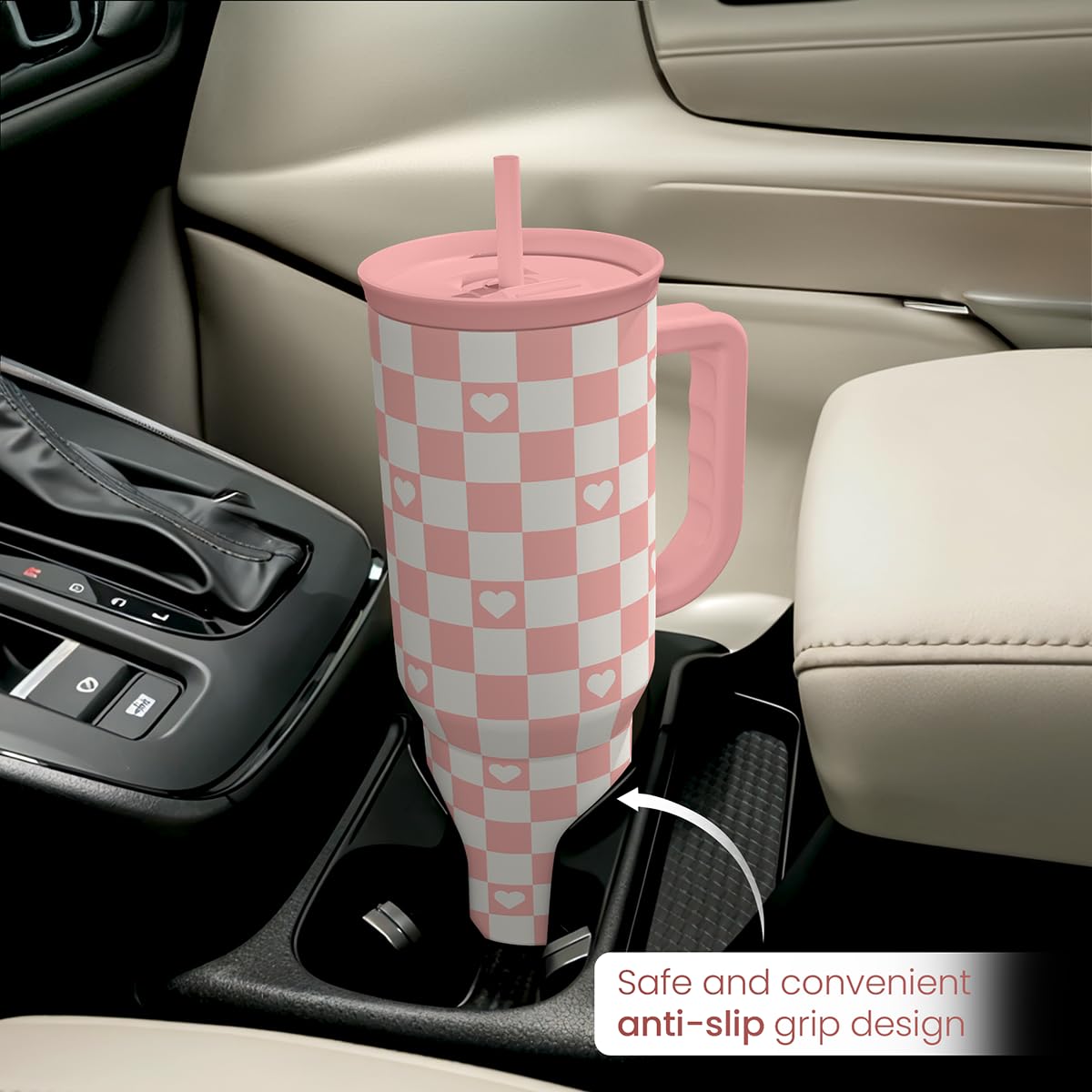 40oz Checkered and Heart Tumbler with Handle and Straw