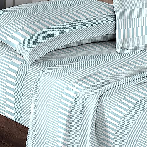 100% Cotton Cascade Stripe Print Queen Sheets Set 400TC Blue