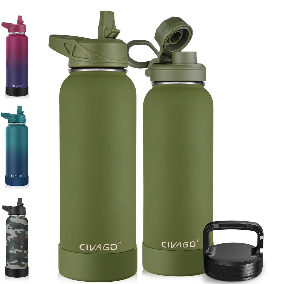 40 oz Insulated Stainless Steel Water Bottle With Straw and 3 Lids