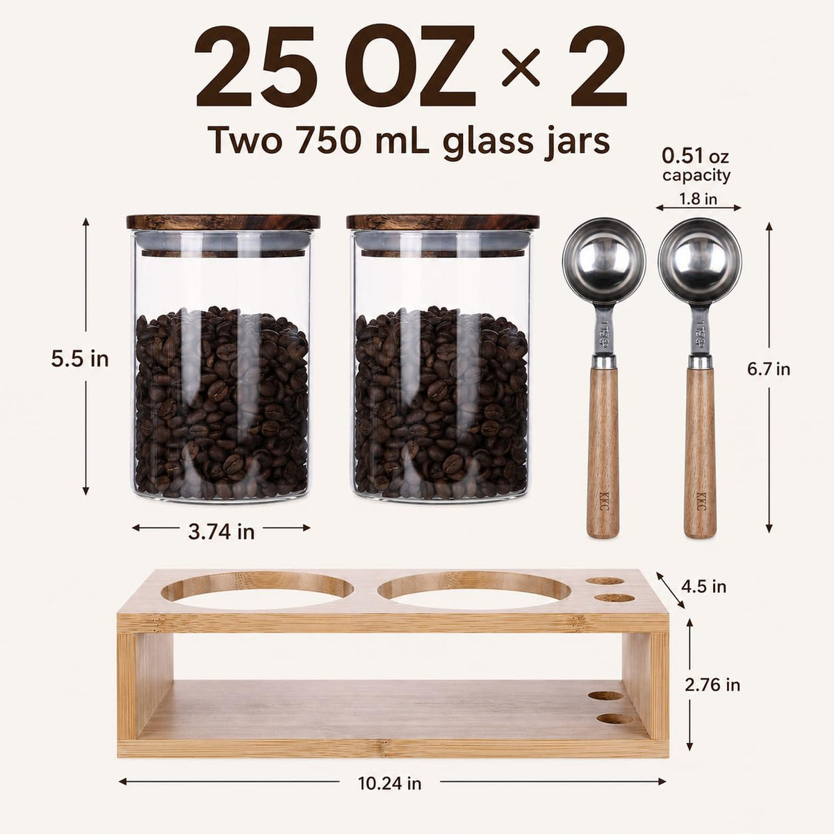 2 Glass Coffee Canister Set with Bamboo Rack & Scoops (5 Count)