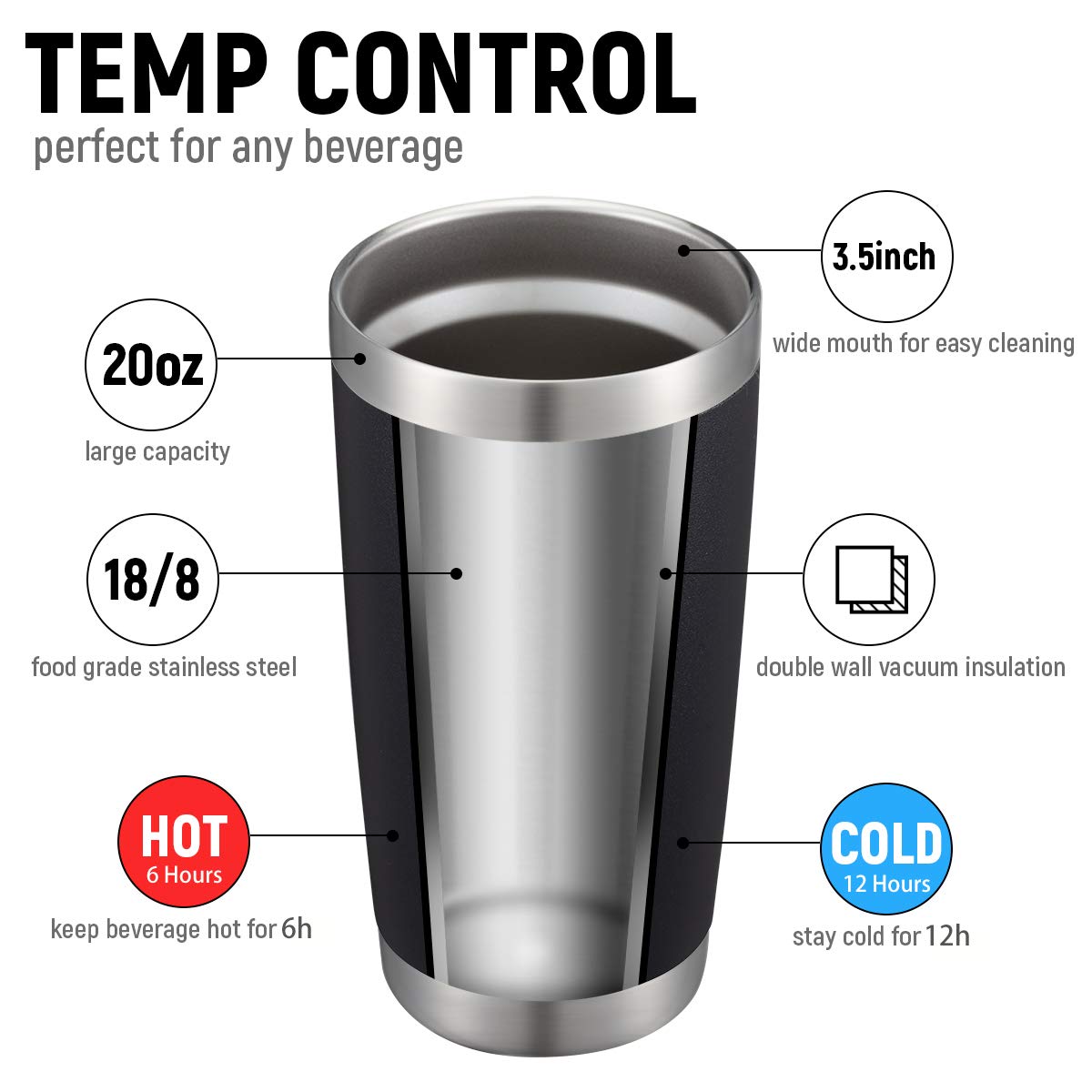 20oz Black Tumbler 4 Pack Stainless Steel Insulated Travel Mug with Lid and Straw Vacuum Double Wall Coffee Cup for Hot Beverage and Cold Drinks (4 Count)