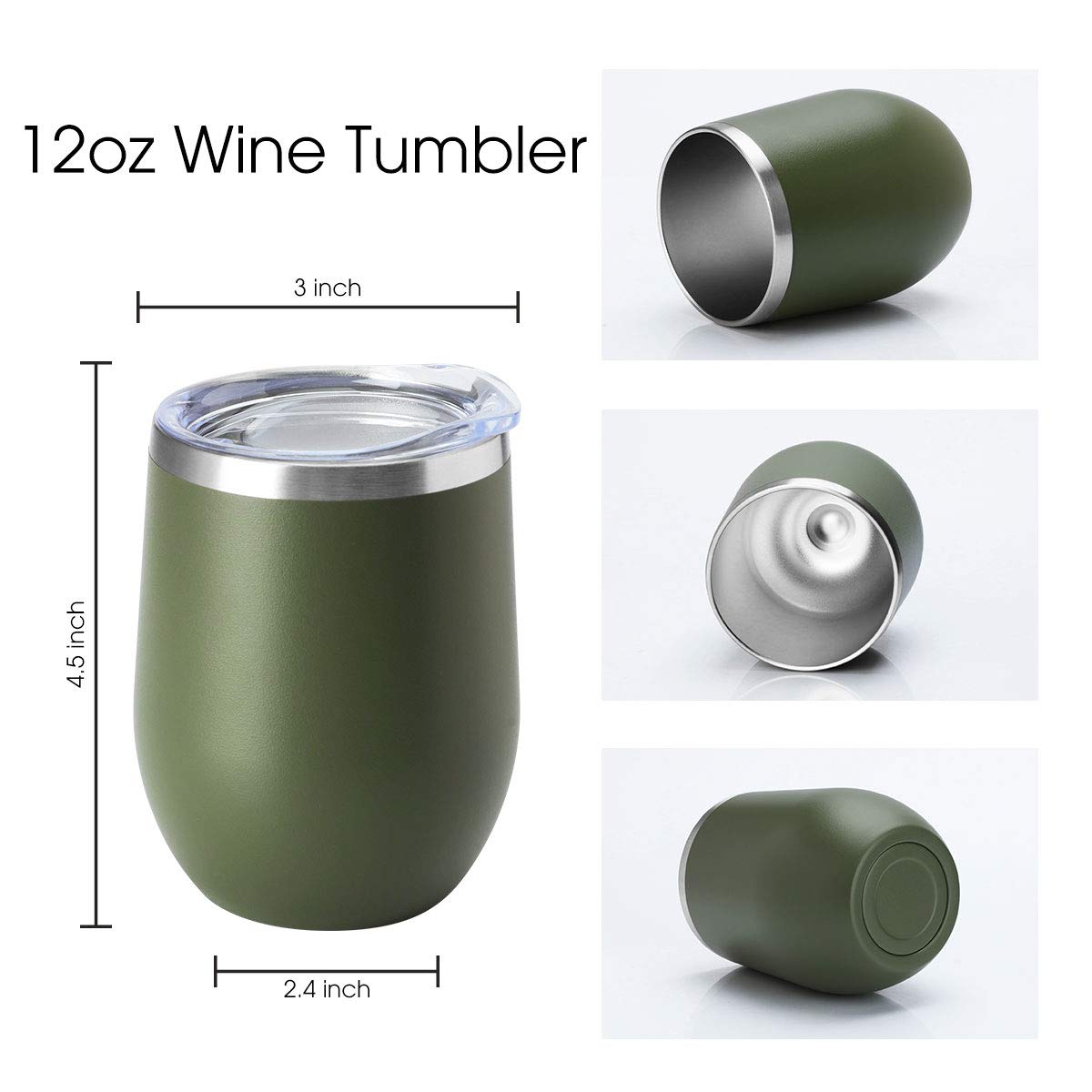 12oz Wine Tumbler with Lid Stemless Wine Glasses Double Wall Vacuum Travel Mugs stainless steel Coffee Cup for Cold & Hot Drinks Wine Coffee Cocktails Beer 1 Pack Army Green