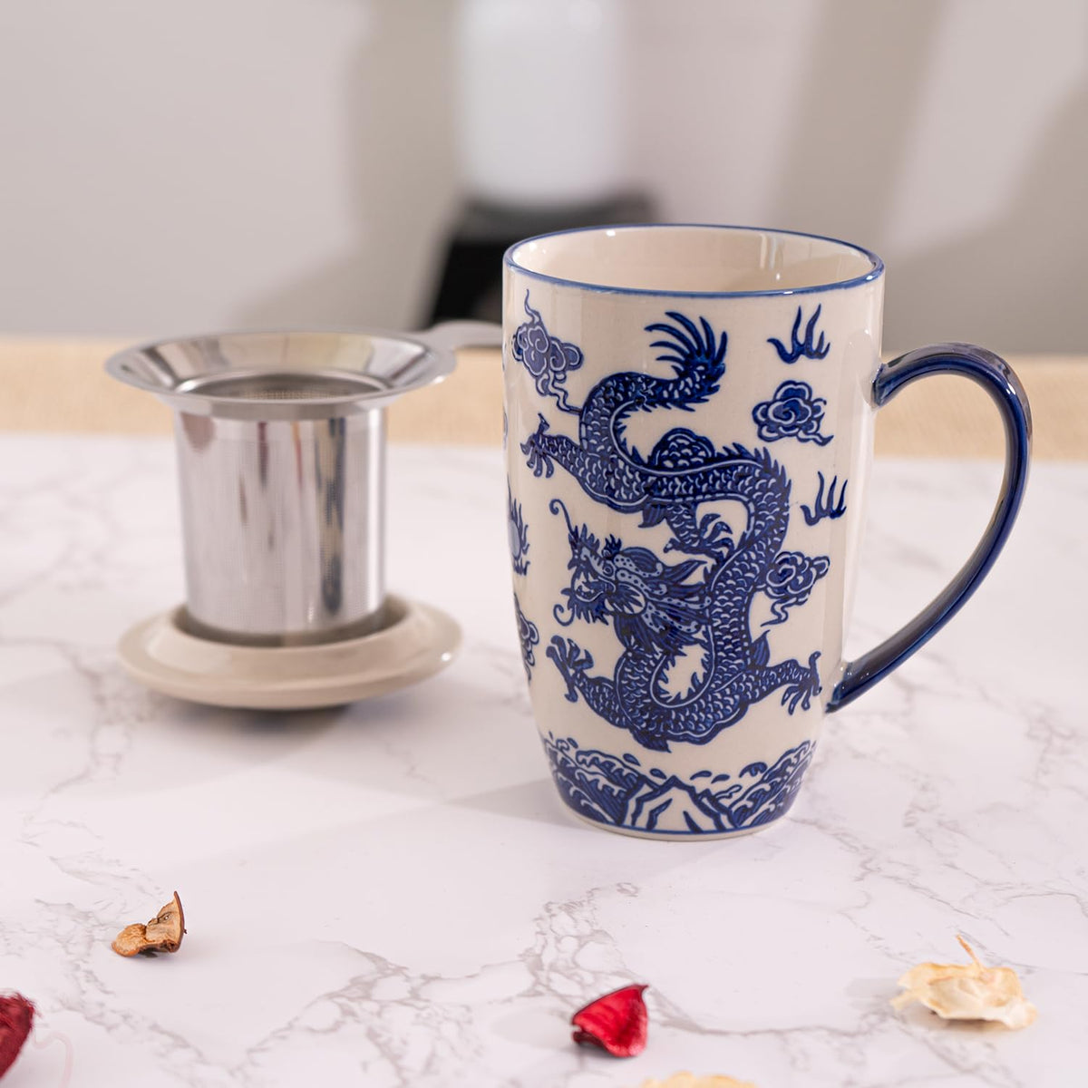 Tea Mug With Lid and Stainless Steel Infuser For Loose Leaf Tea Bag Tea Cup 15oz Porcelain Hot Beverage Everyday Use Home Office
